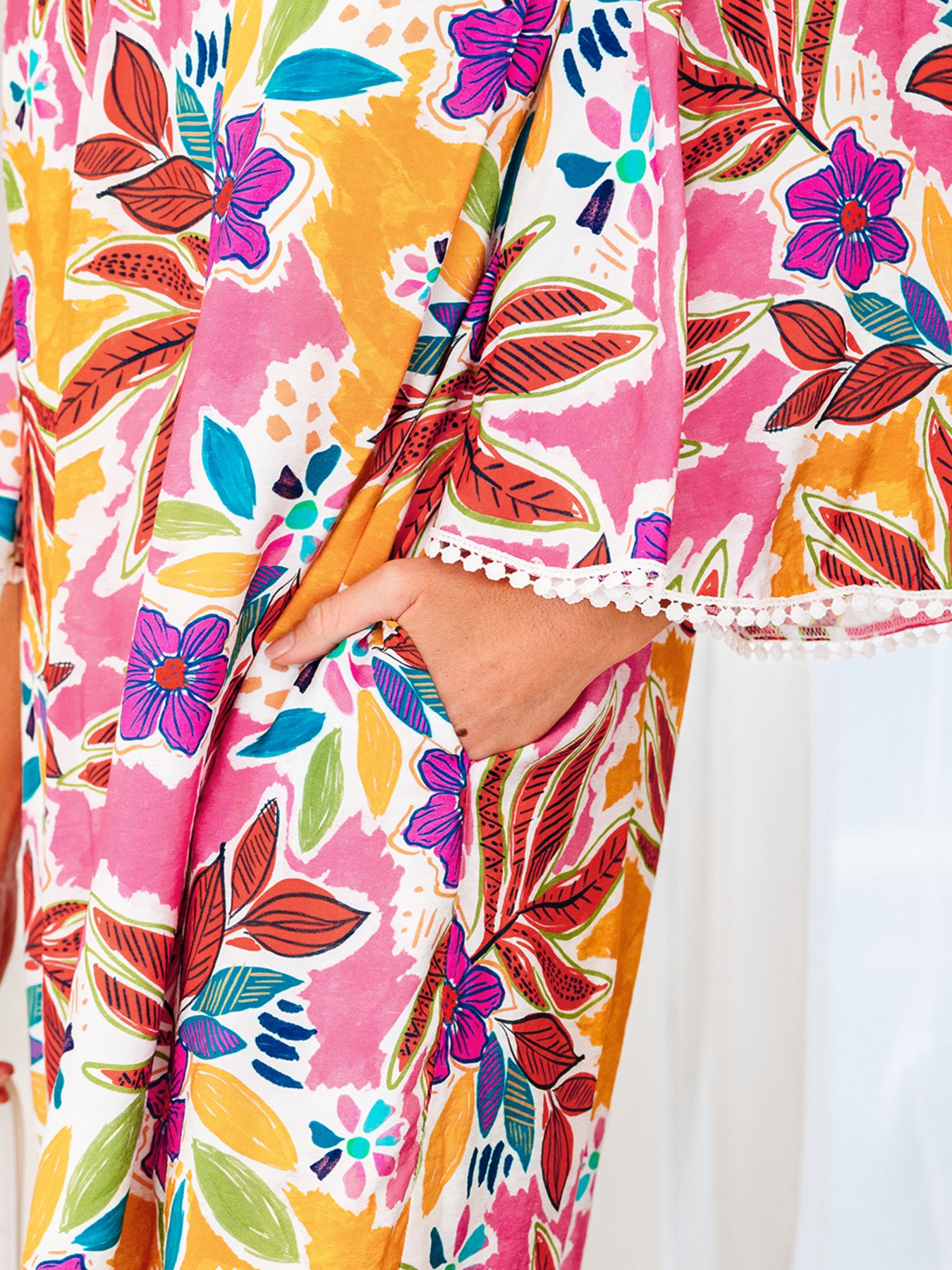 Colorful floral bell sleeve shift dress with pink and orange print