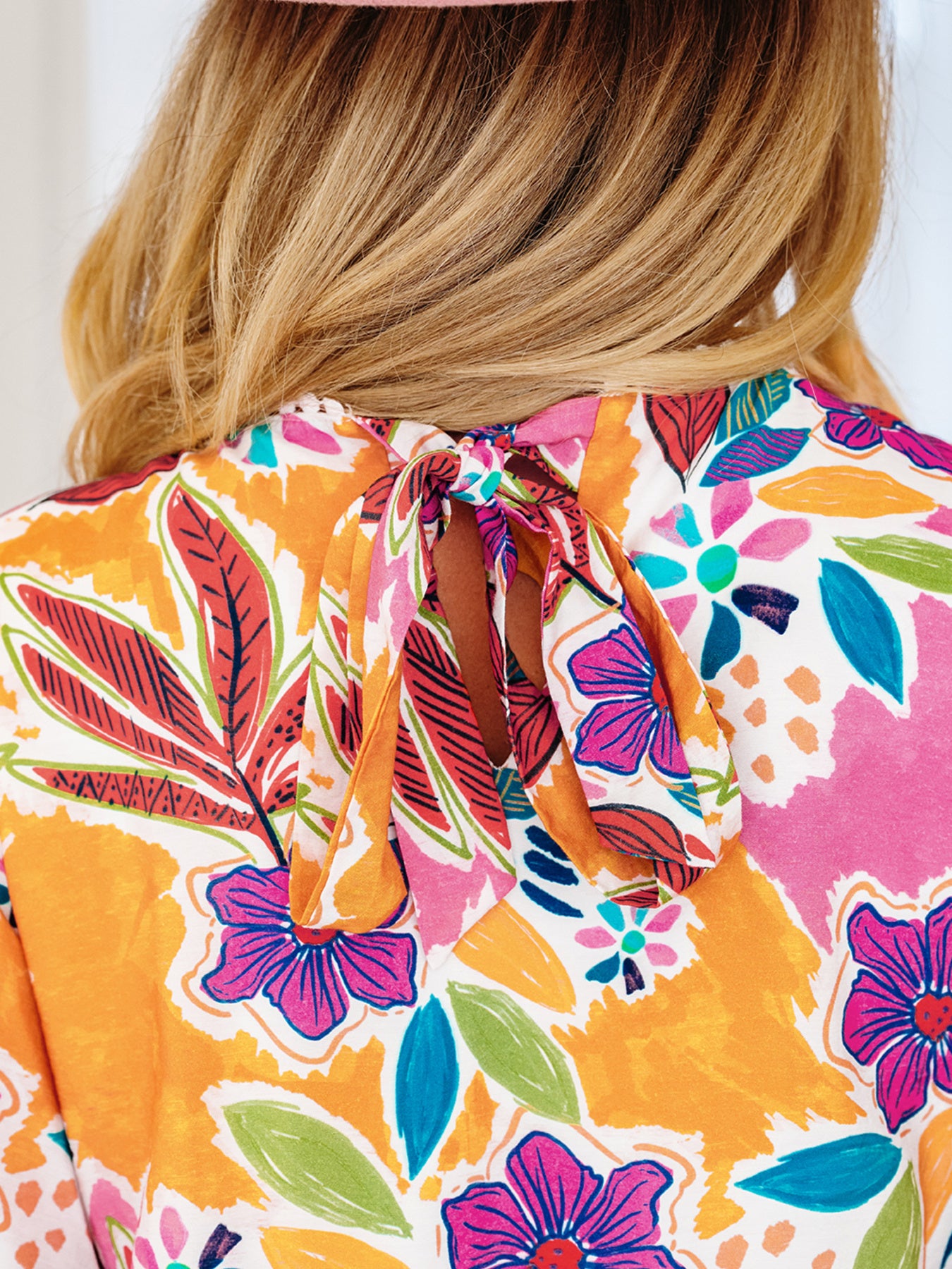 Colorful floral bell sleeve shift dress with pink and orange print