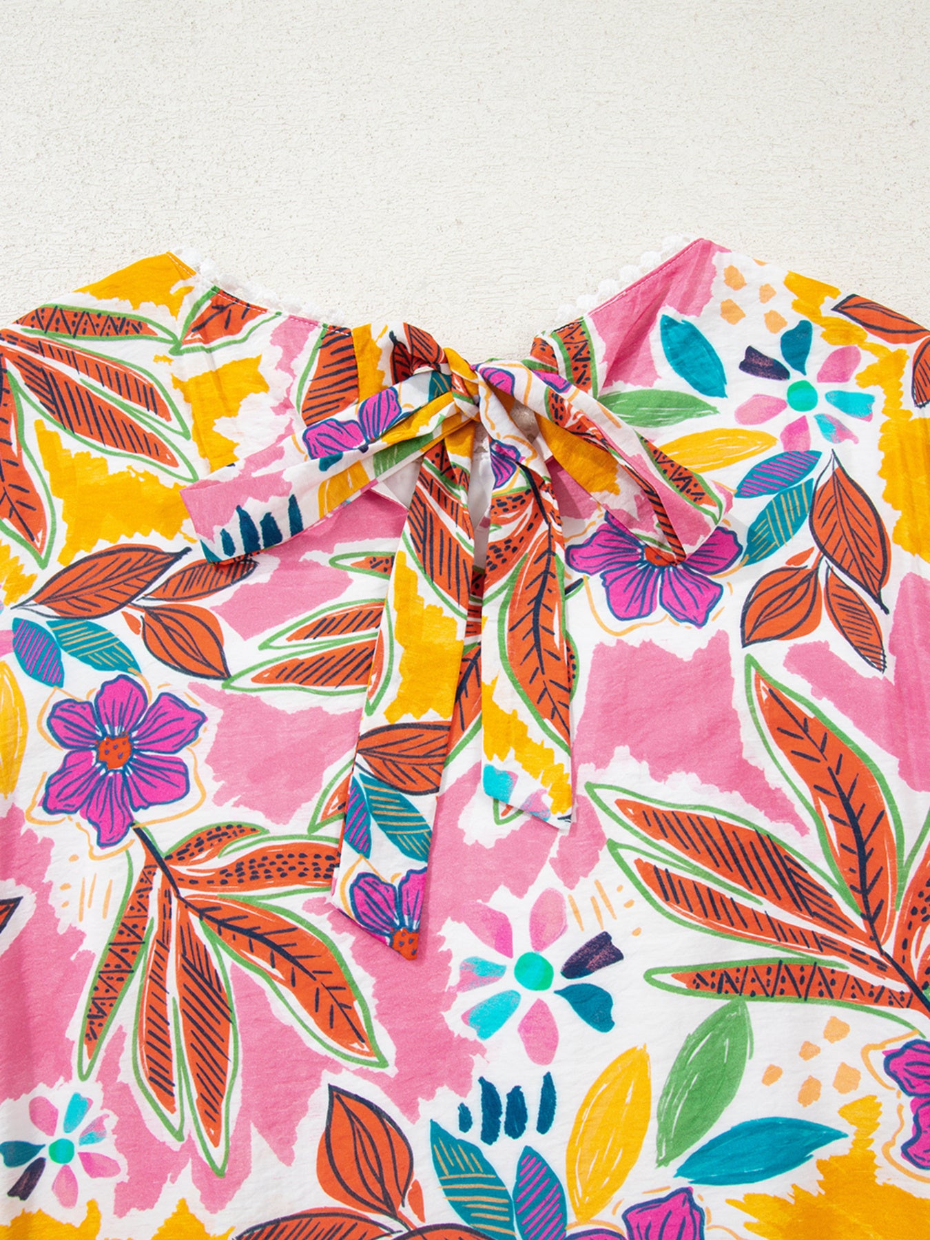 Colorful floral bell sleeve shift dress with pink and orange print