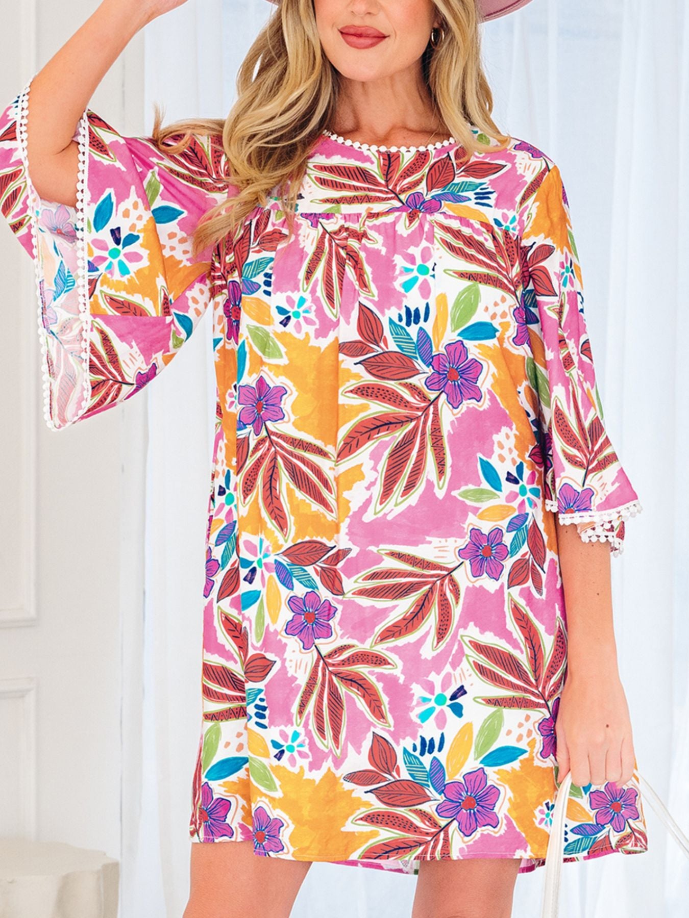 Colorful floral bell sleeve shift dress with pink and orange print