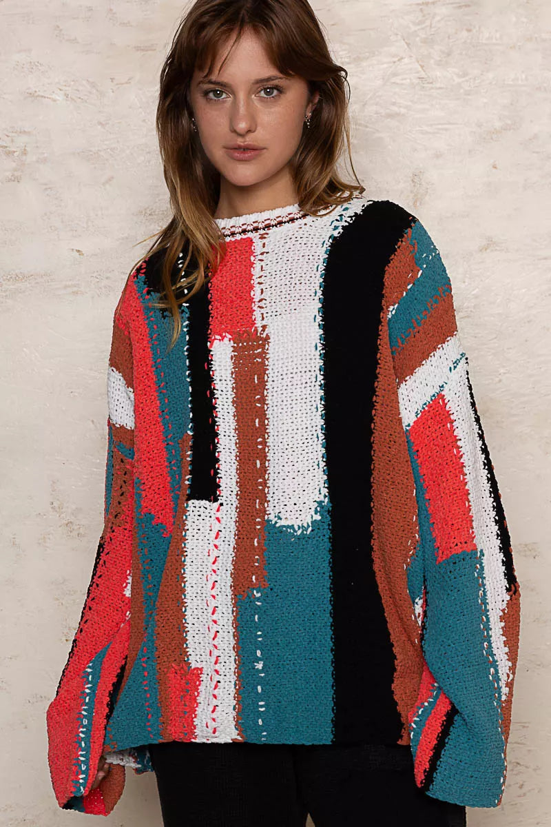 Painted Streets Oversized Sweater – bold geometric colorblock knit pullover with relaxed oversized fit.