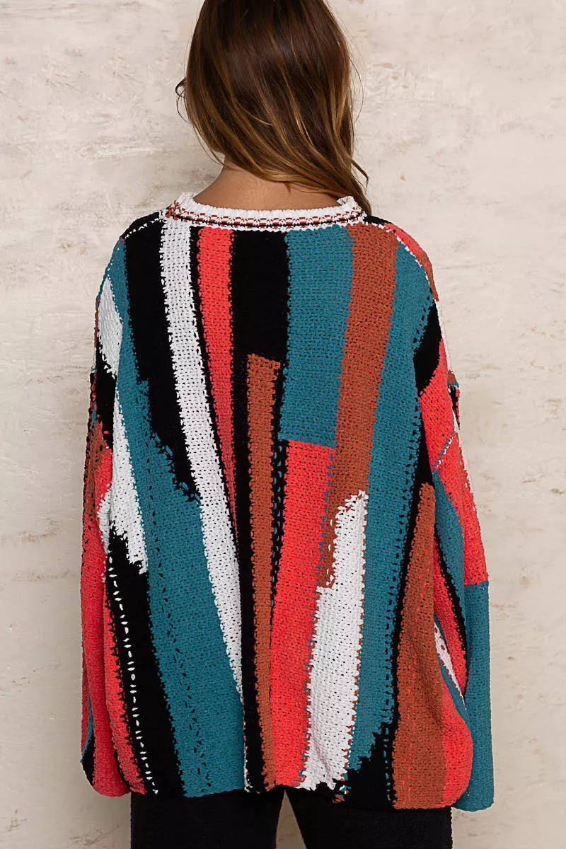Painted Streets Oversized Sweater – bold geometric colorblock knit pullover with relaxed oversized fit.