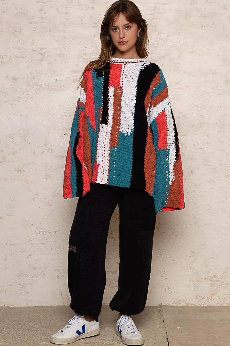 Painted Streets Oversized Sweater – bold geometric colorblock knit pullover with relaxed oversized fit.