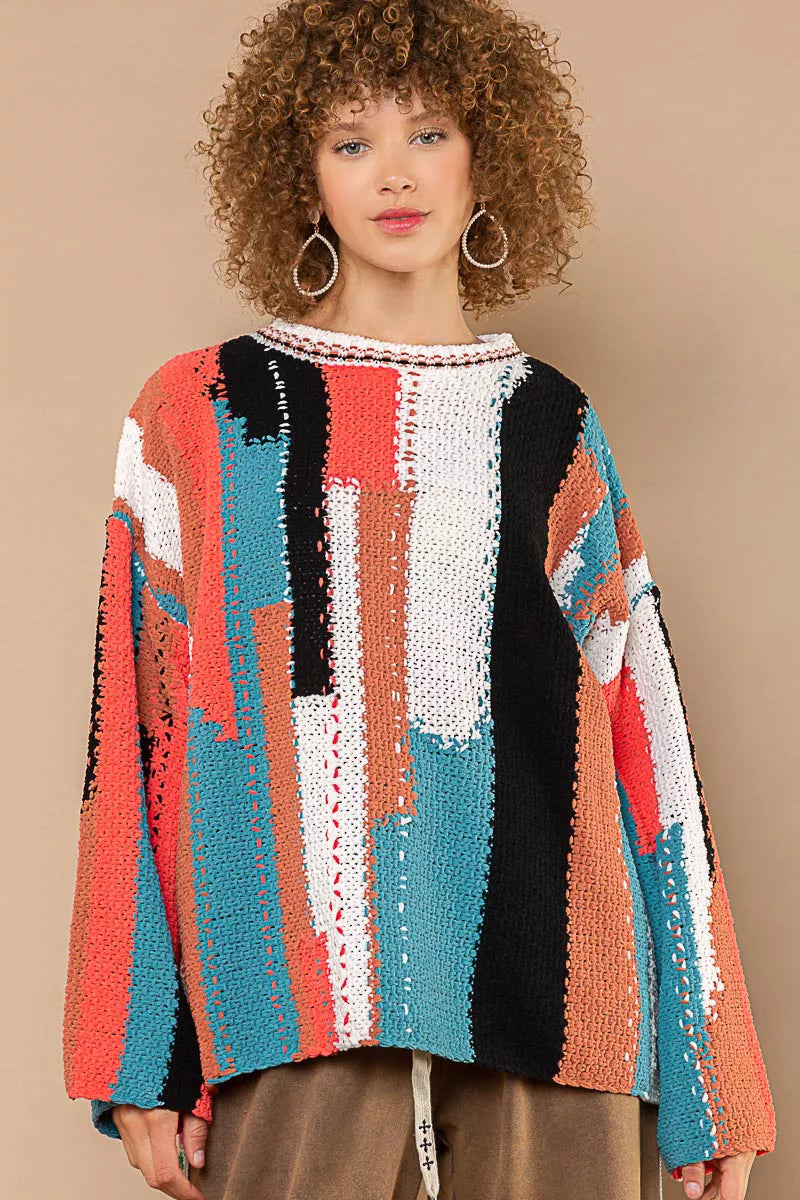 Painted Streets Oversized Sweater – bold geometric colorblock knit pullover with relaxed oversized fit.