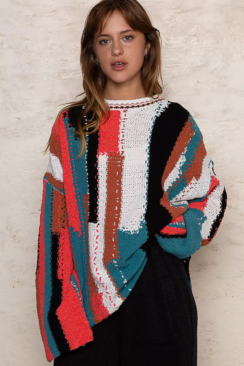 Painted Streets Oversized Sweater – bold geometric colorblock knit pullover with relaxed oversized fit.