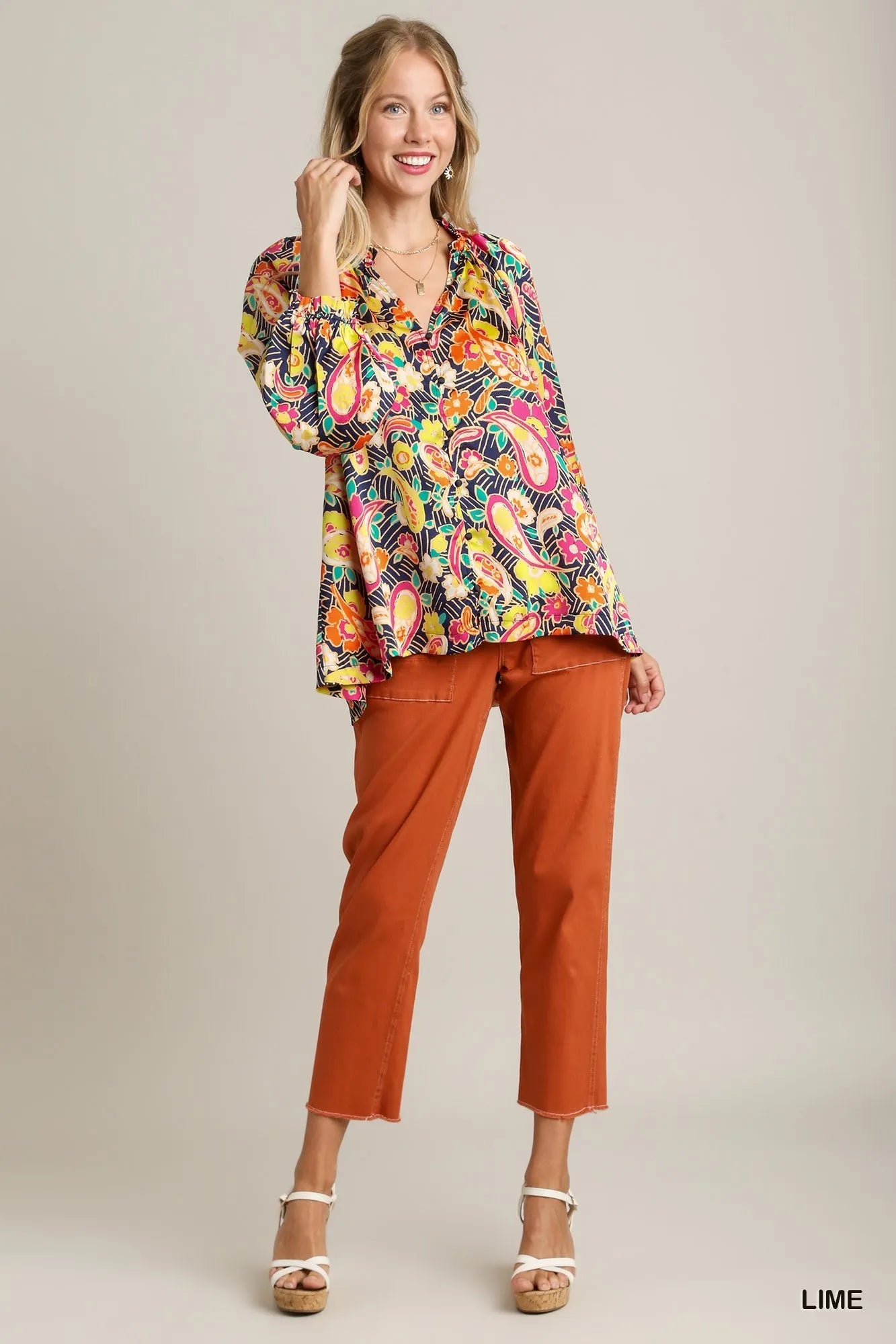 Paisley Daydream Blouse by Umgee – satin paisley print button-up top with ruffle neck and balloon sleeves in multicolor.