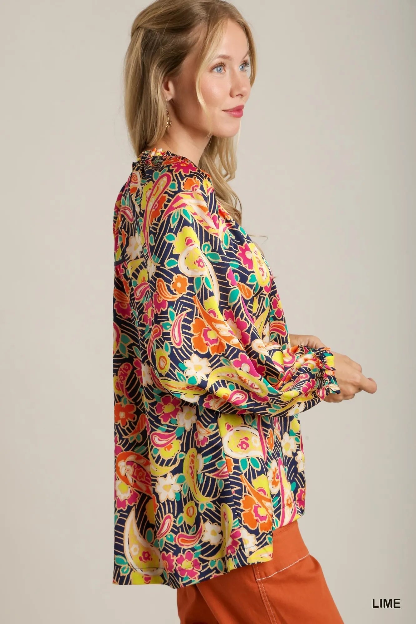 Paisley Daydream Blouse by Umgee – satin paisley print button-up top with ruffle neck and balloon sleeves in multicolor.