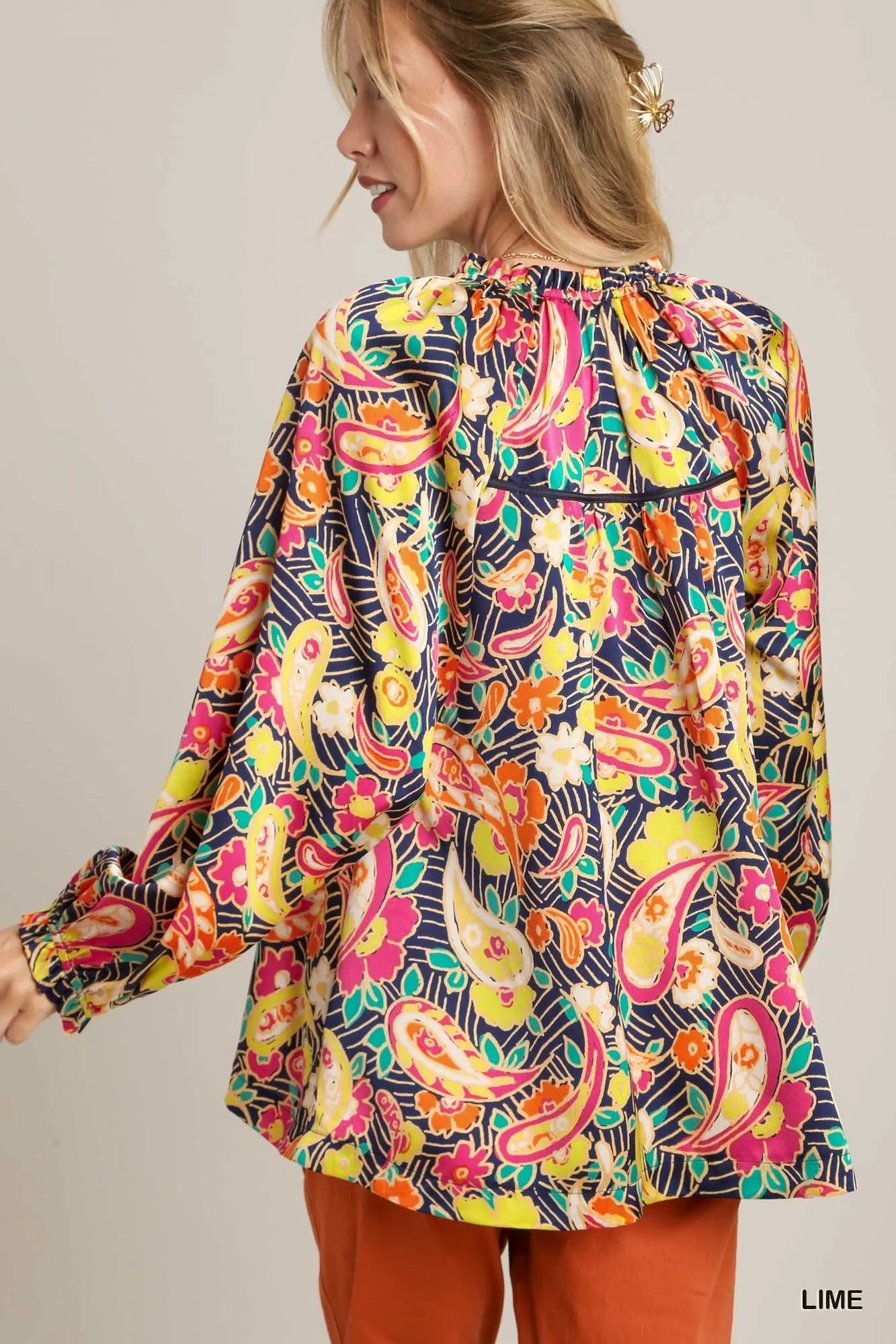 Paisley Daydream Blouse by Umgee – satin paisley print button-up top with ruffle neck and balloon sleeves in multicolor.