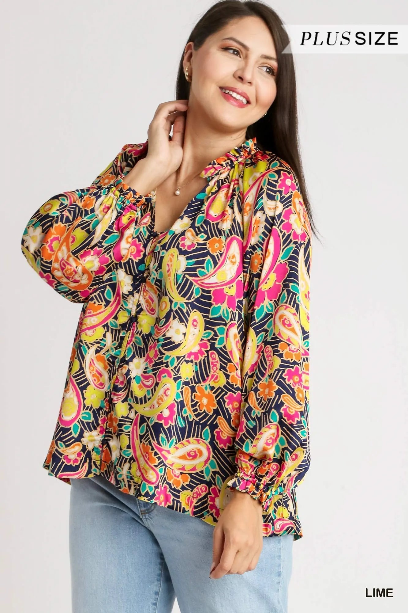 Paisley Daydream Blouse by Umgee – satin paisley print button-up top with ruffle neck and balloon sleeves in multicolor.