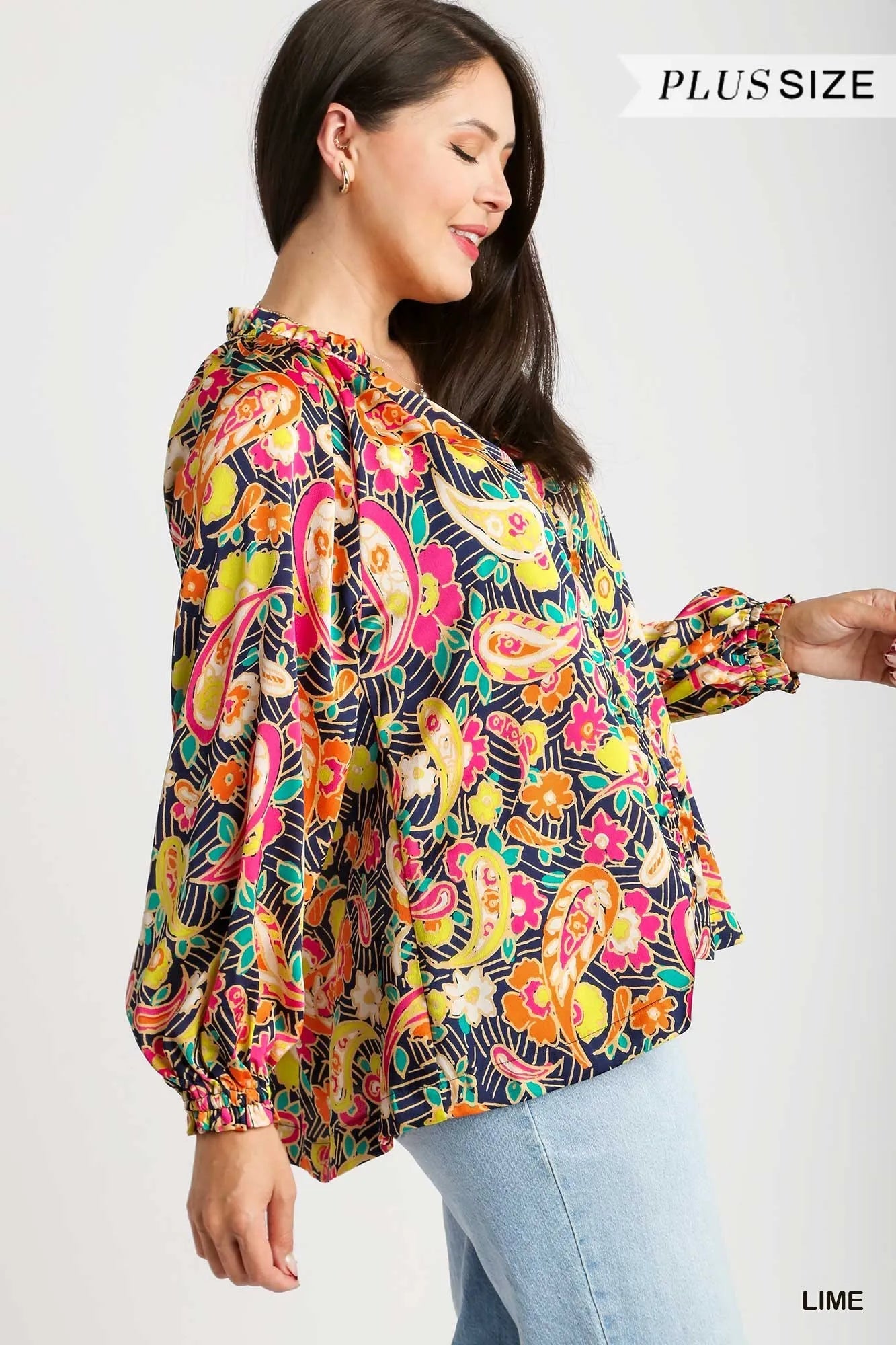 Paisley Daydream Blouse by Umgee – satin paisley print button-up top with ruffle neck and balloon sleeves in multicolor.