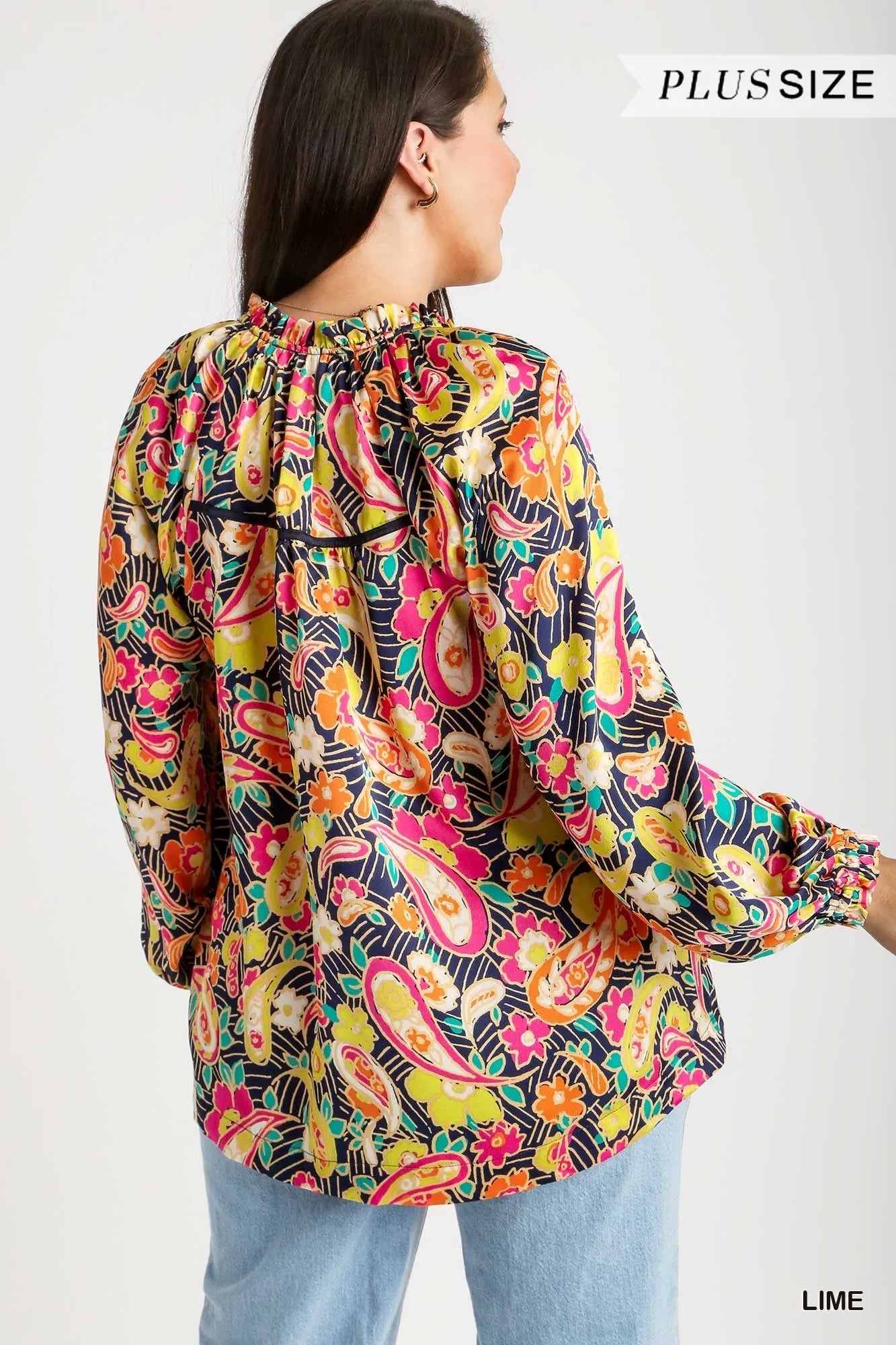 Paisley Daydream Blouse by Umgee – satin paisley print button-up top with ruffle neck and balloon sleeves in multicolor.