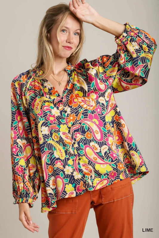 Paisley Daydream Blouse by Umgee – satin paisley print button-up top with ruffle neck and balloon sleeves in multicolor.