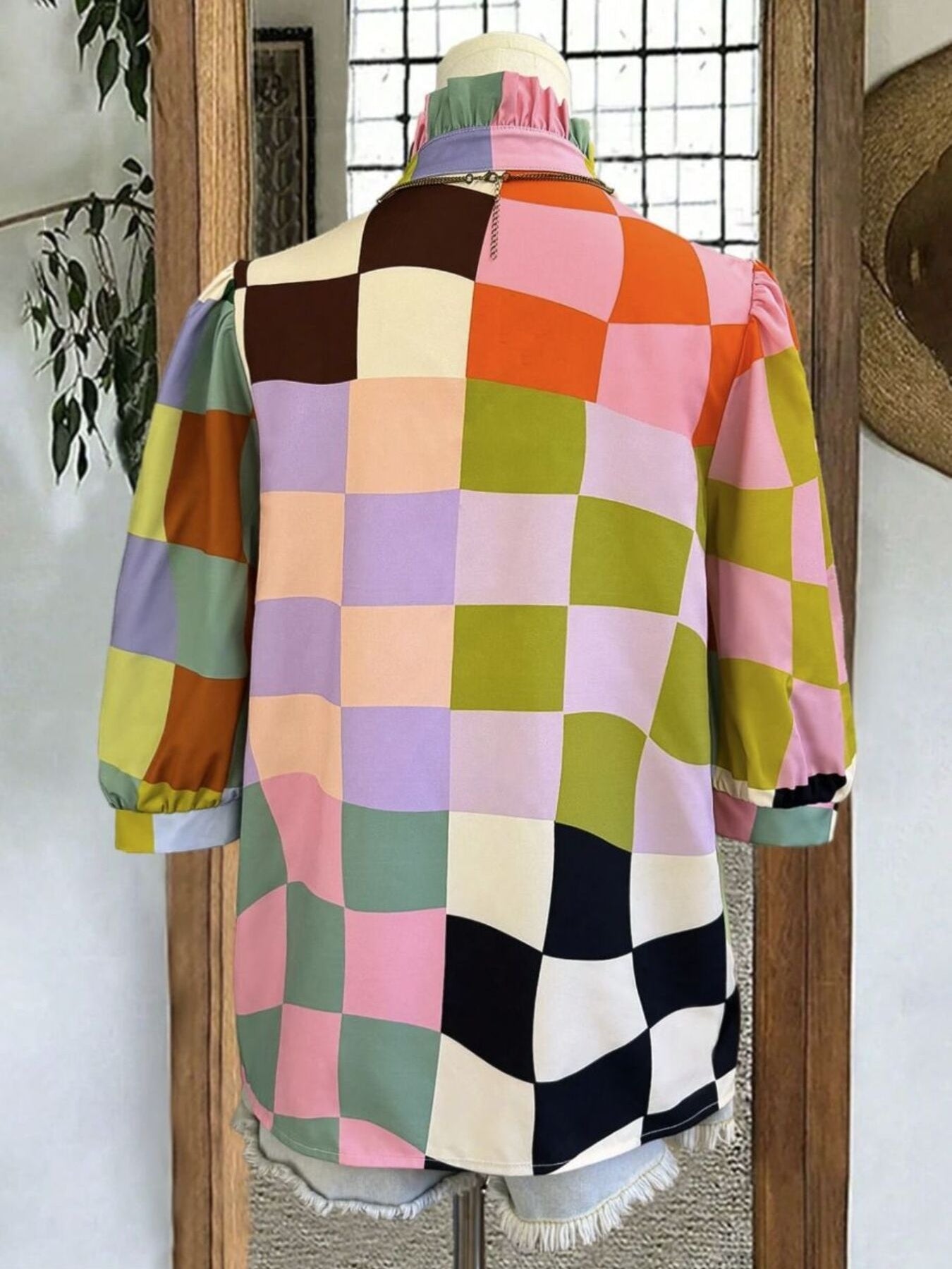 Multicolor patchwork blouse with frill collar and relaxed fit