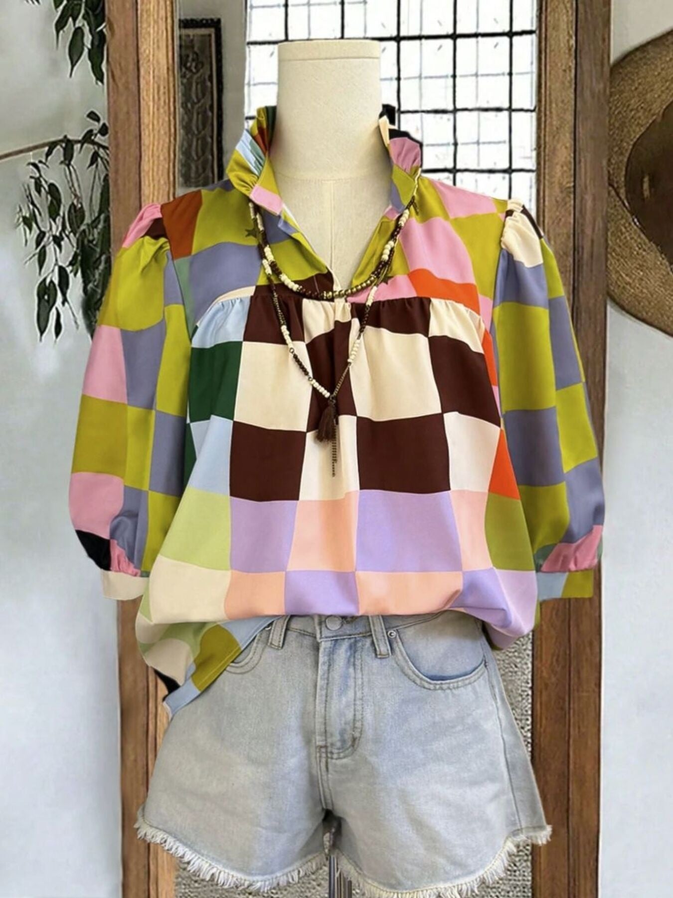 Multicolor patchwork blouse with frill collar and relaxed fit