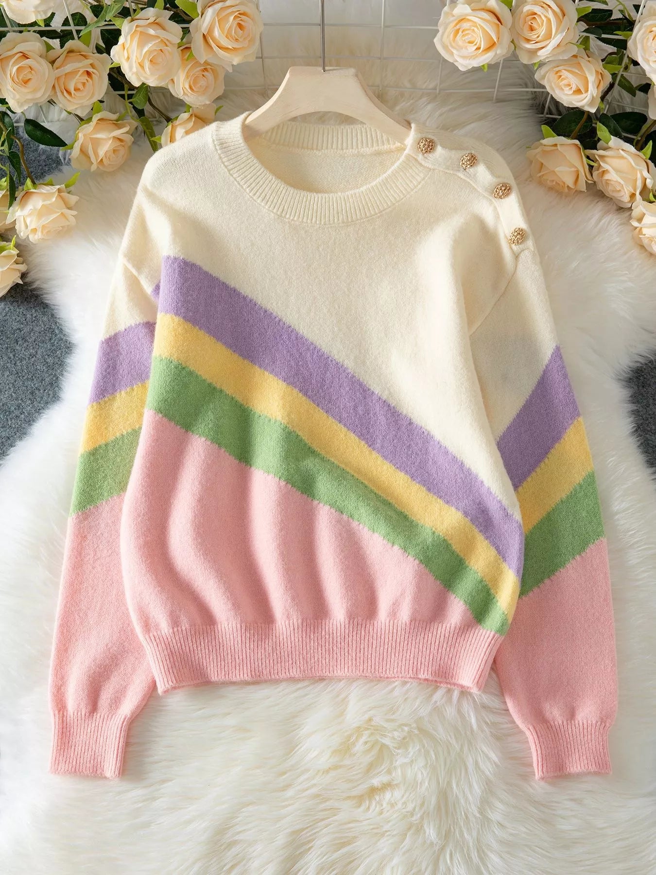 Drop-shoulder sweater with pastel sunset stripes and button detail – Pastel Sunset style from A Whimsical Affair.
