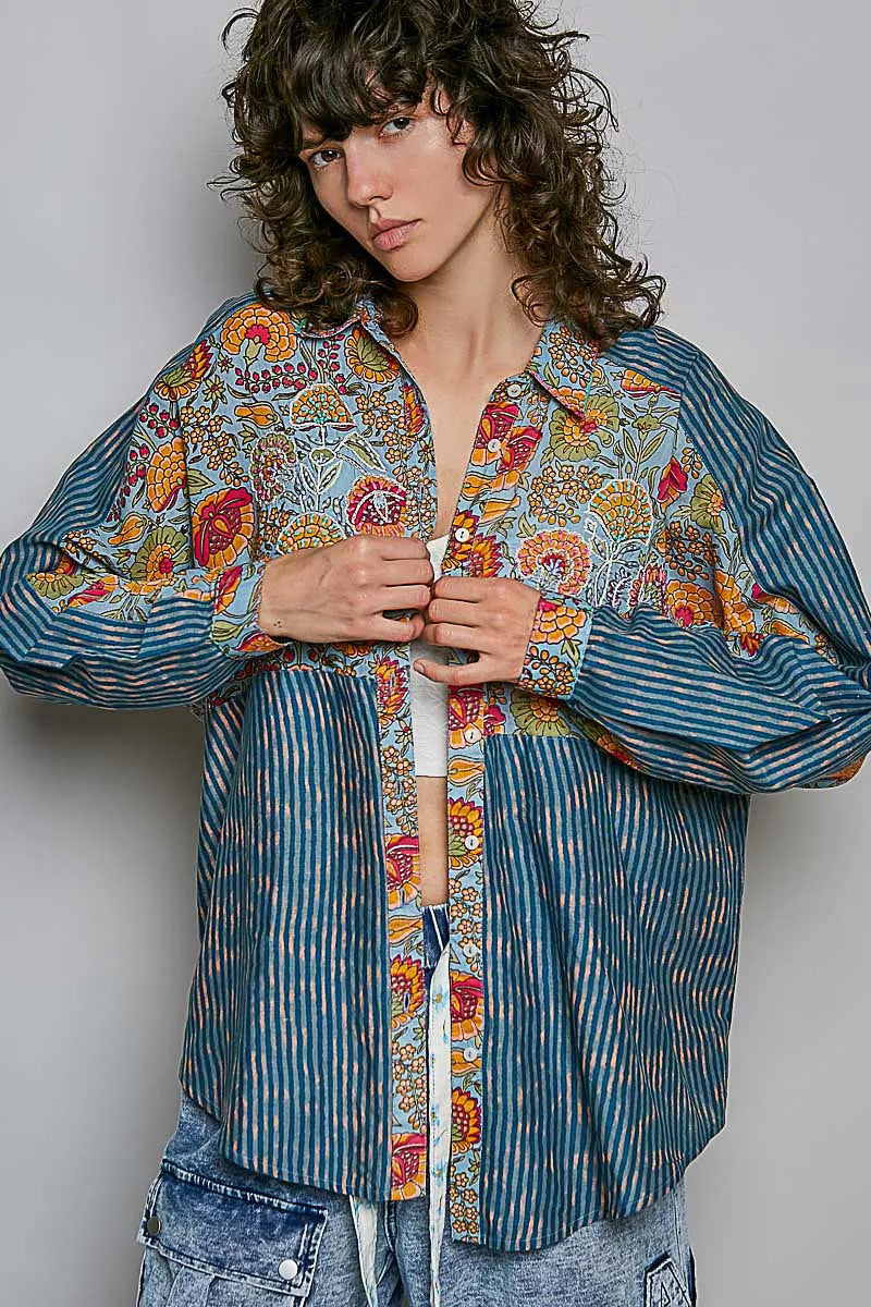 Boho patchwork button-up shirt with mixed floral paisley panels, vertical stripe details, long sleeves, and cotton woven fabric.