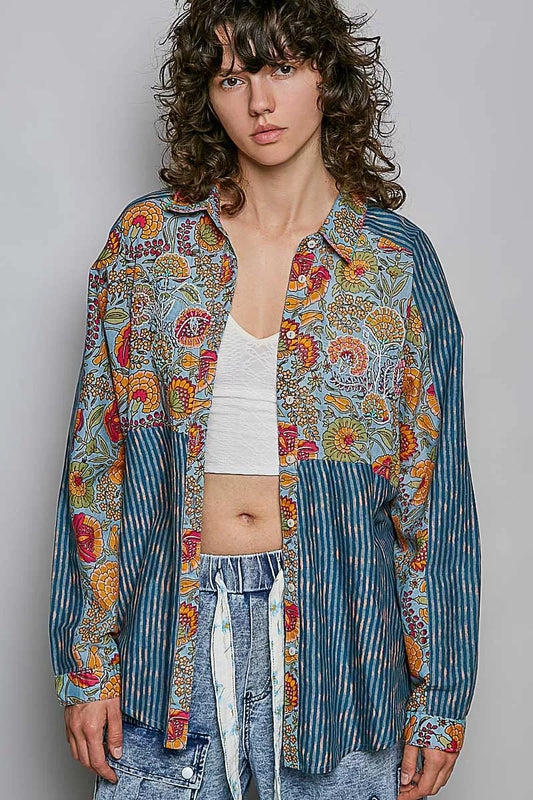 Boho patchwork button-up shirt with mixed floral paisley panels, vertical stripe details, long sleeves, and cotton woven fabric.