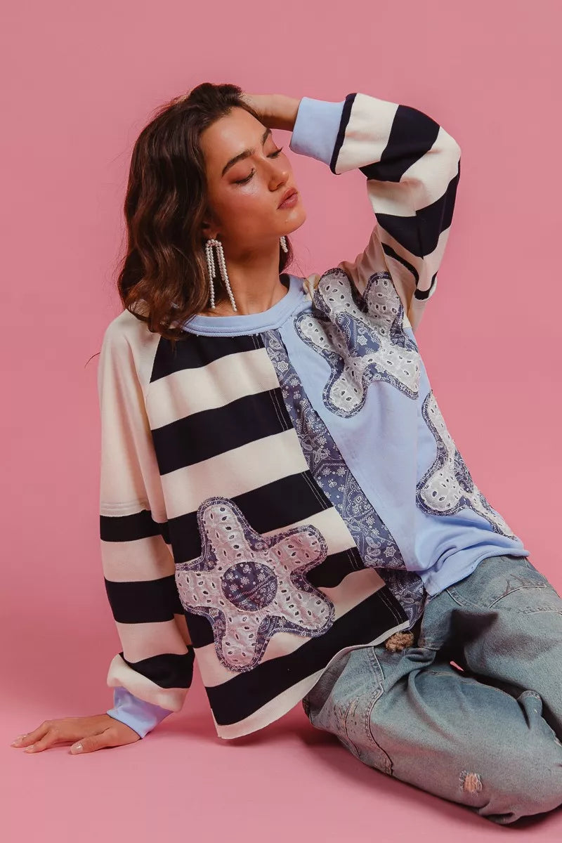 Patchwork ribbed sweatshirt top with relaxed casual fit
