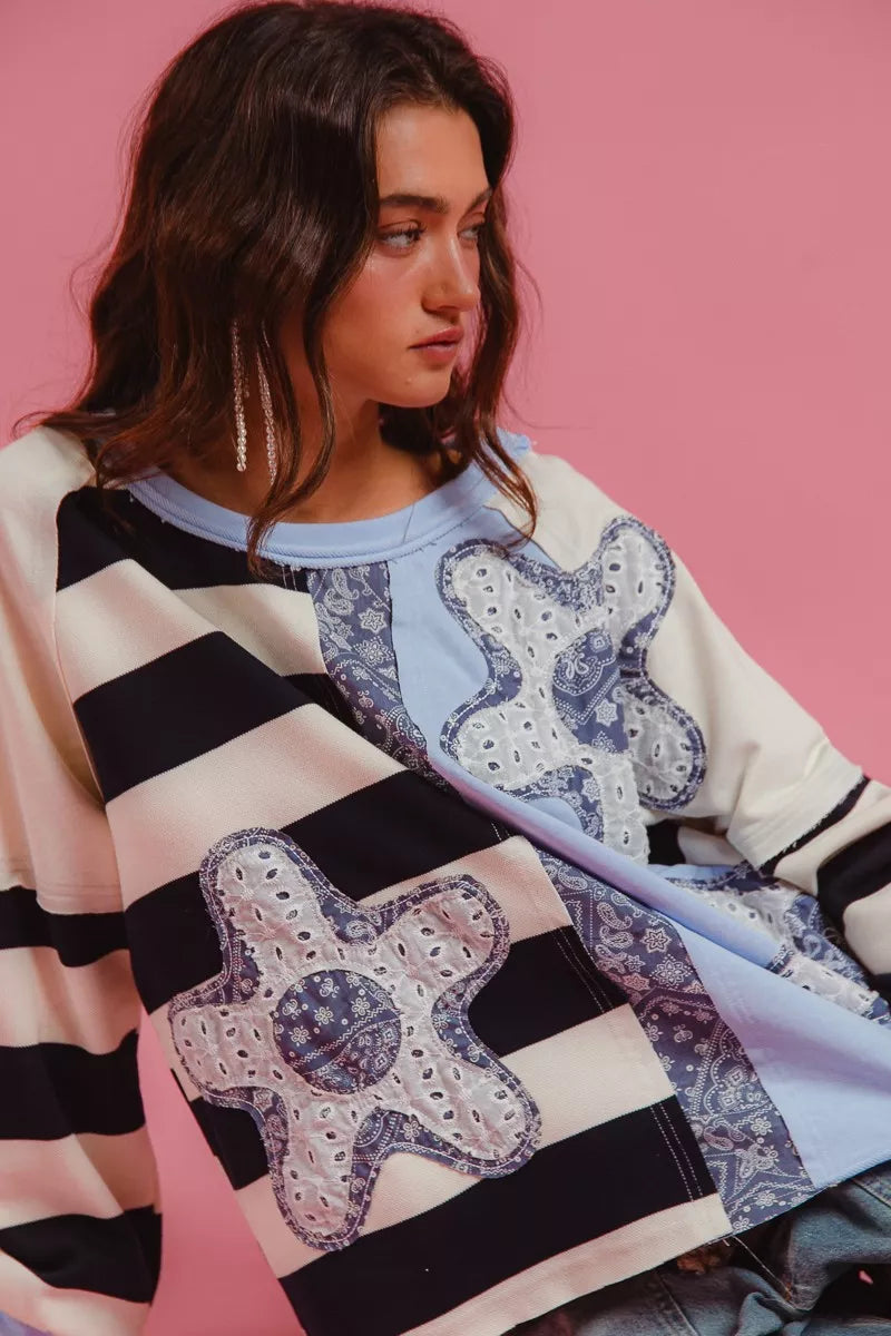 Patchwork ribbed sweatshirt top with relaxed casual fit