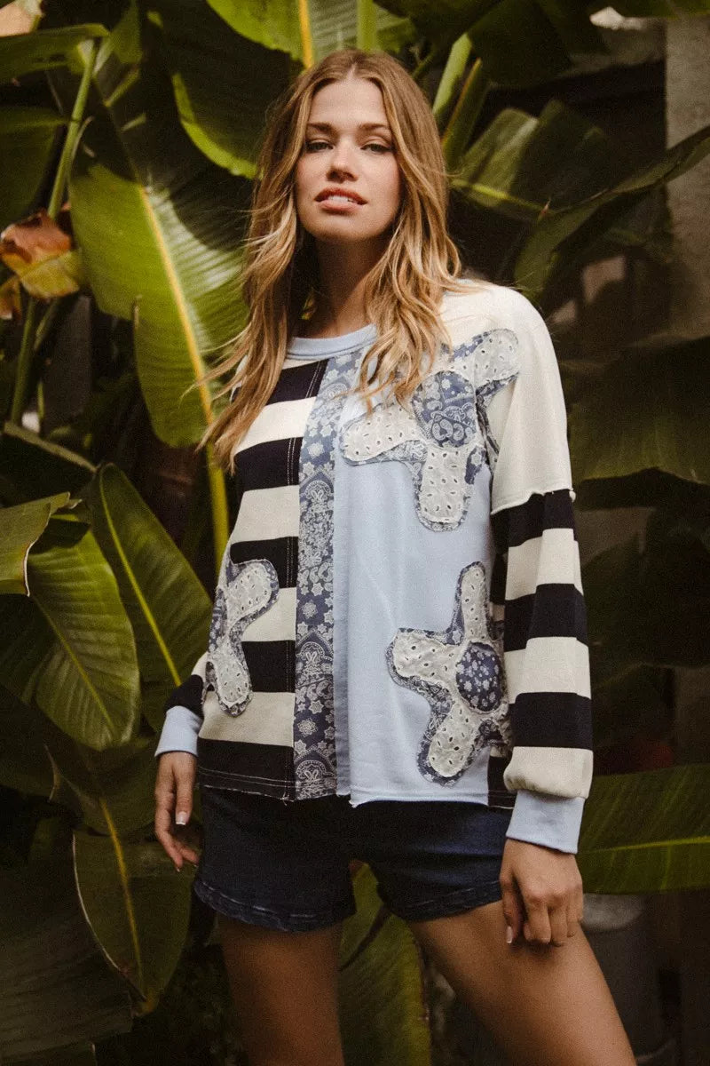 Patchwork ribbed sweatshirt top with relaxed casual fit