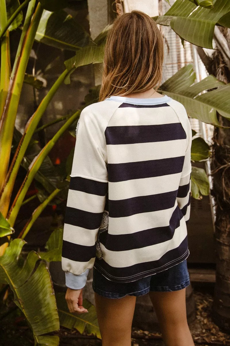 Patchwork ribbed sweatshirt top with relaxed casual fit