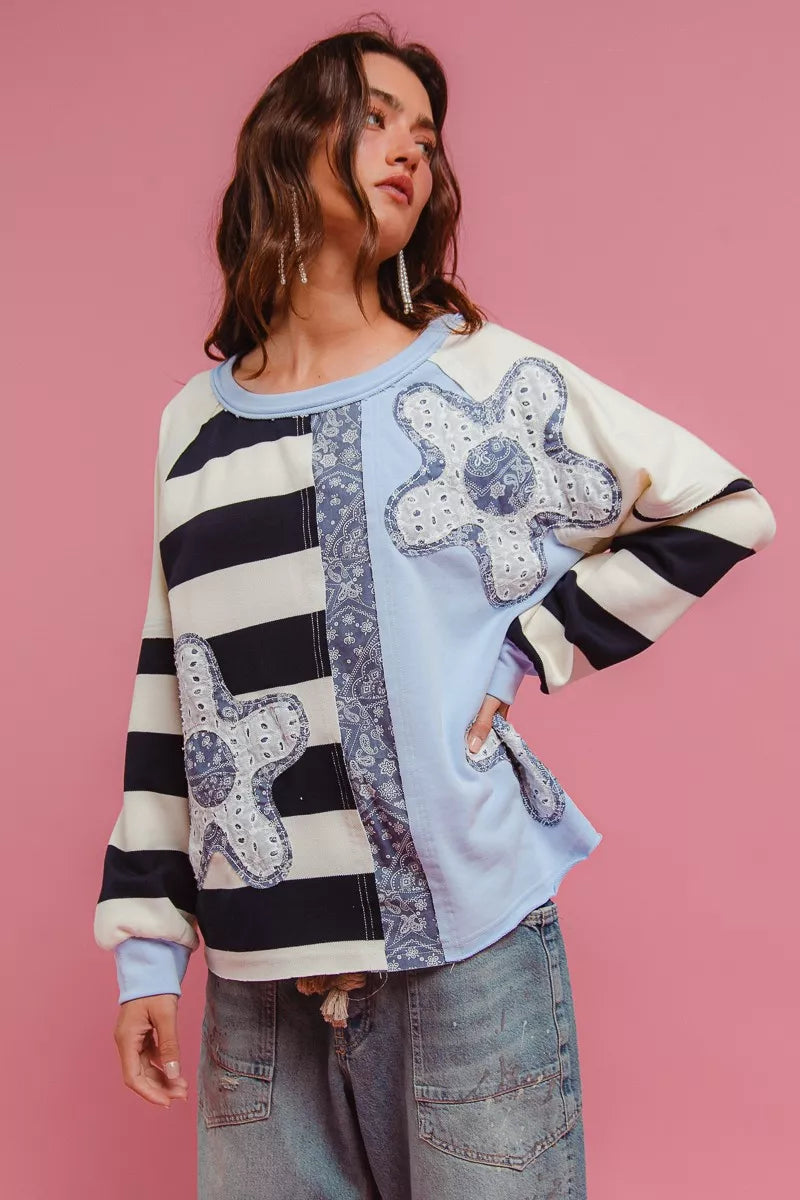 Patchwork ribbed sweatshirt top with relaxed casual fit