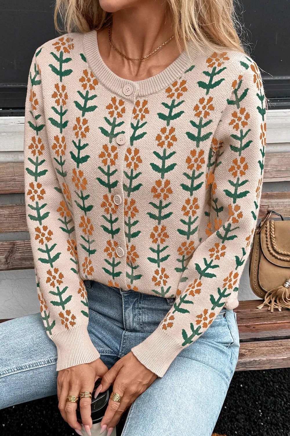 Beige floral knit button-up cardigan – Petal Bloom style from A Whimsical Affair.
