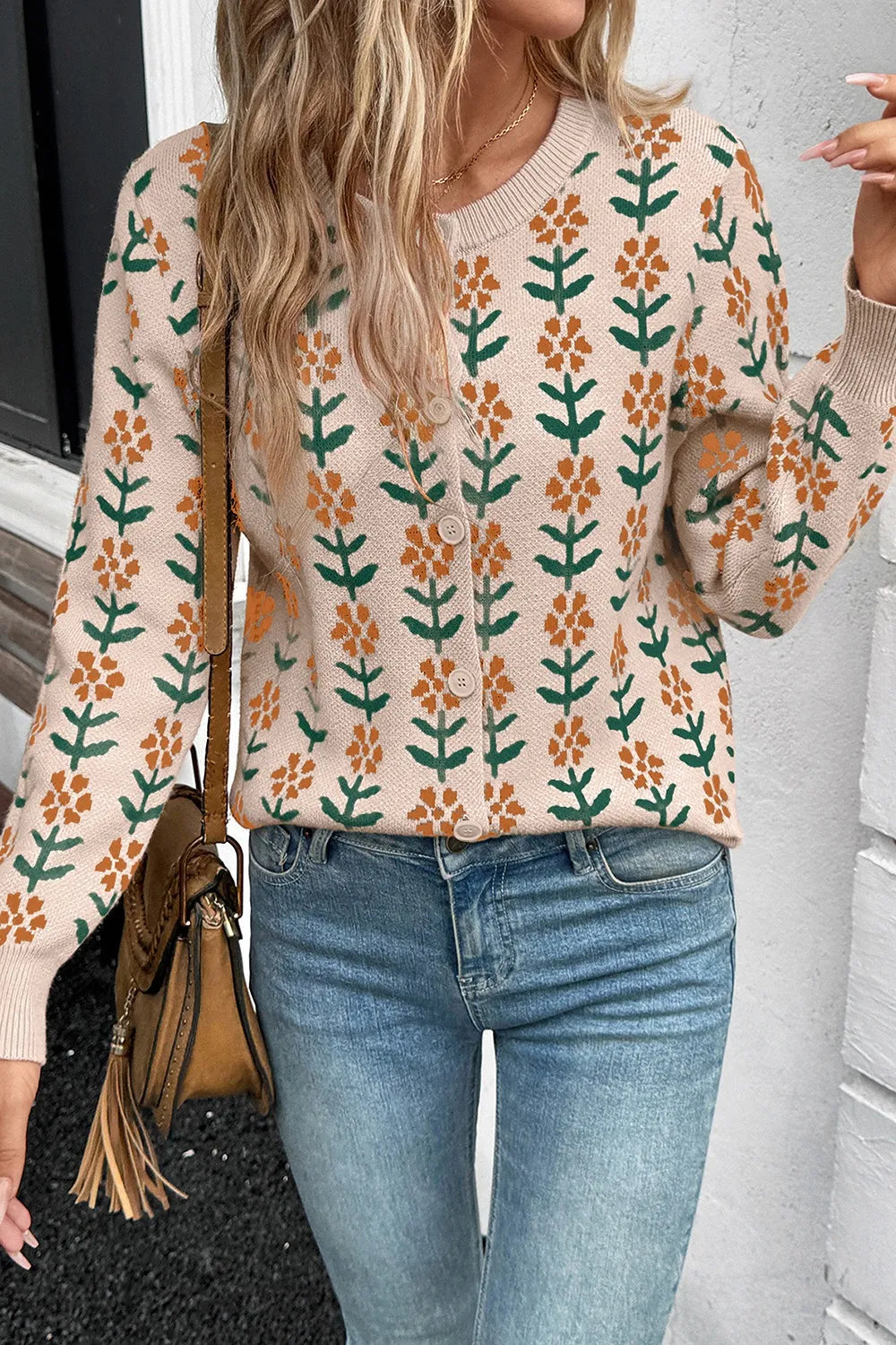 Beige floral knit button-up cardigan – Petal Bloom style from A Whimsical Affair.