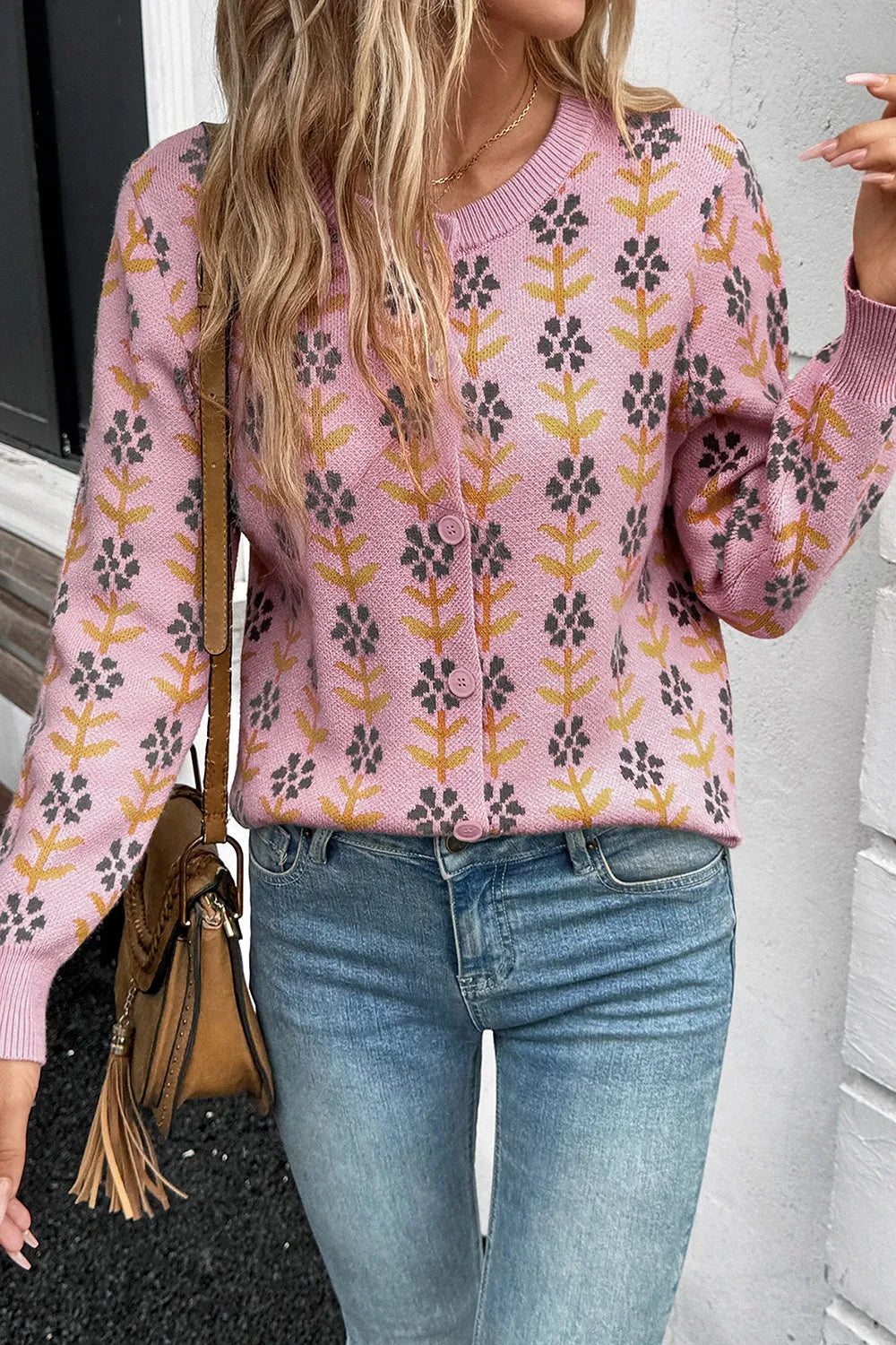 Dusty pink floral knit button-up cardigan – Petal Bloom style from A Whimsical Affair.
