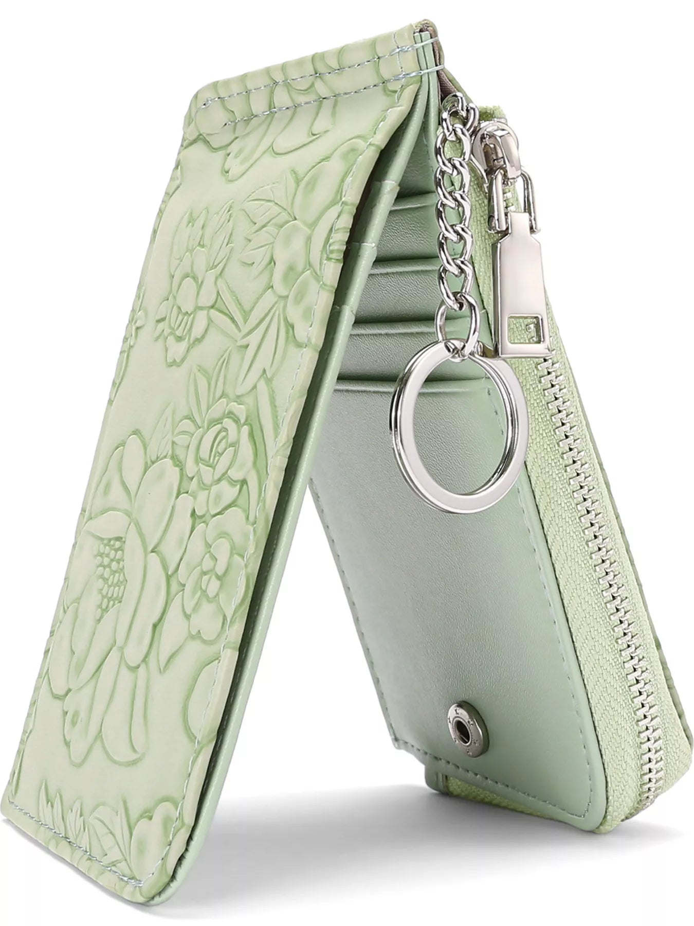 Embossed floral mini PU leather card wallet with keyring clip in sage green