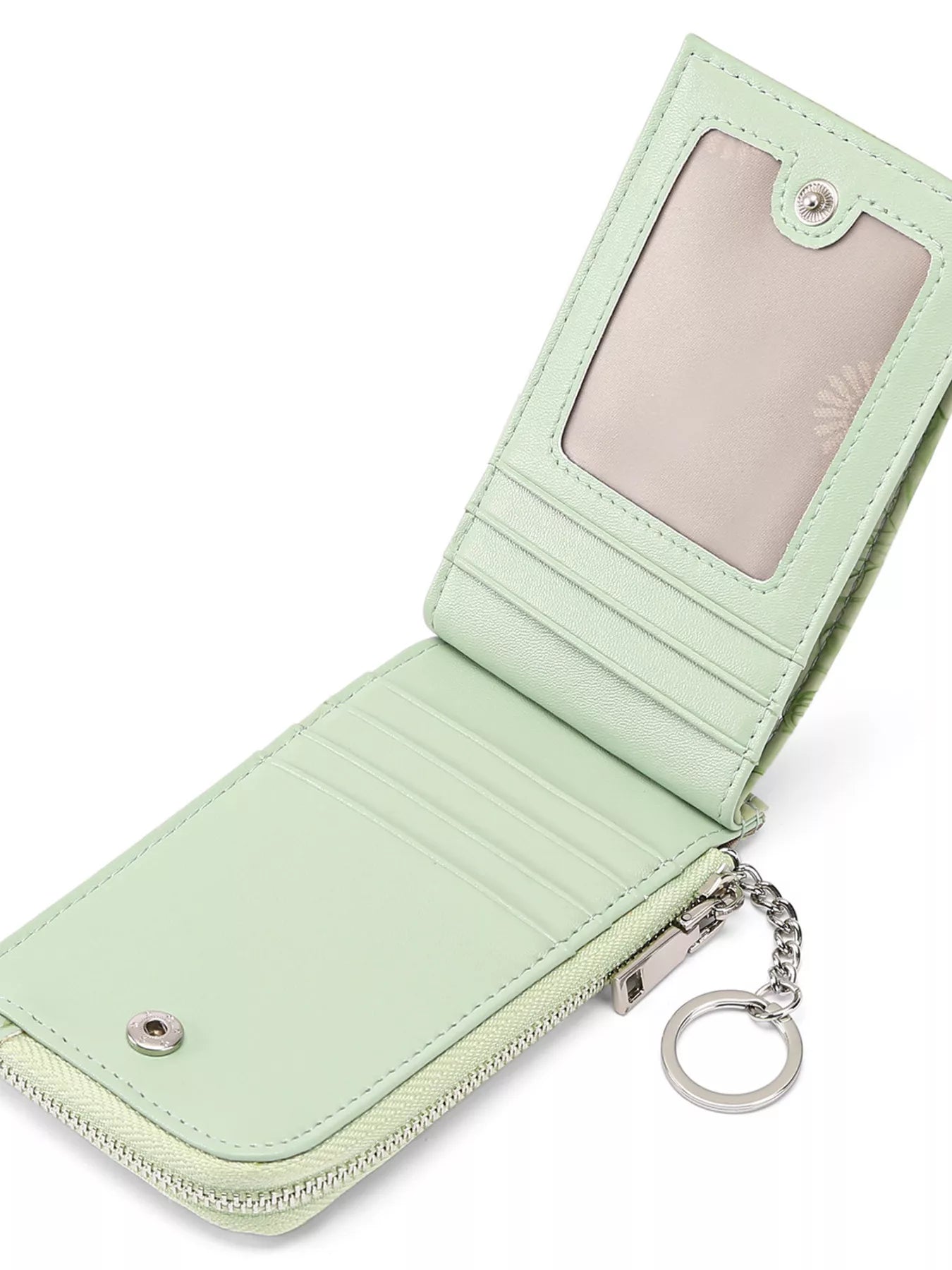 Embossed floral mini PU leather card wallet with keyring clip in sage green