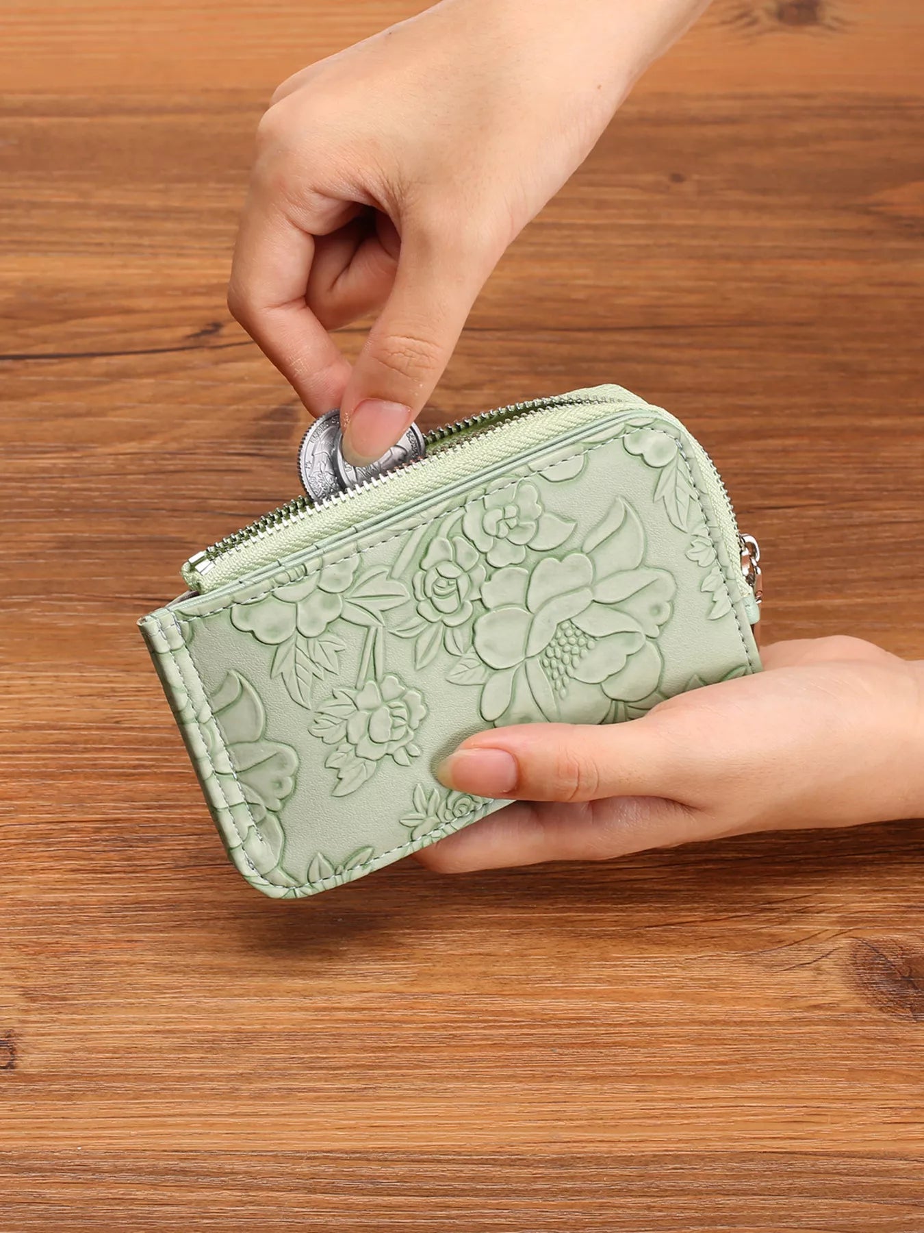 Embossed floral mini PU leather card wallet with keyring clip in sage green