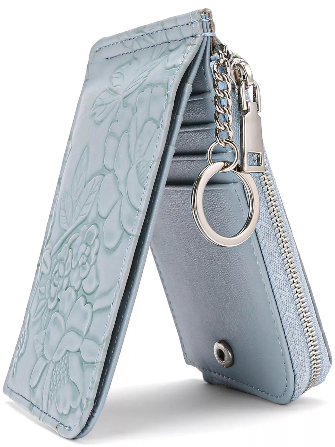 Embossed floral mini PU leather card wallet with keyring clip in blue