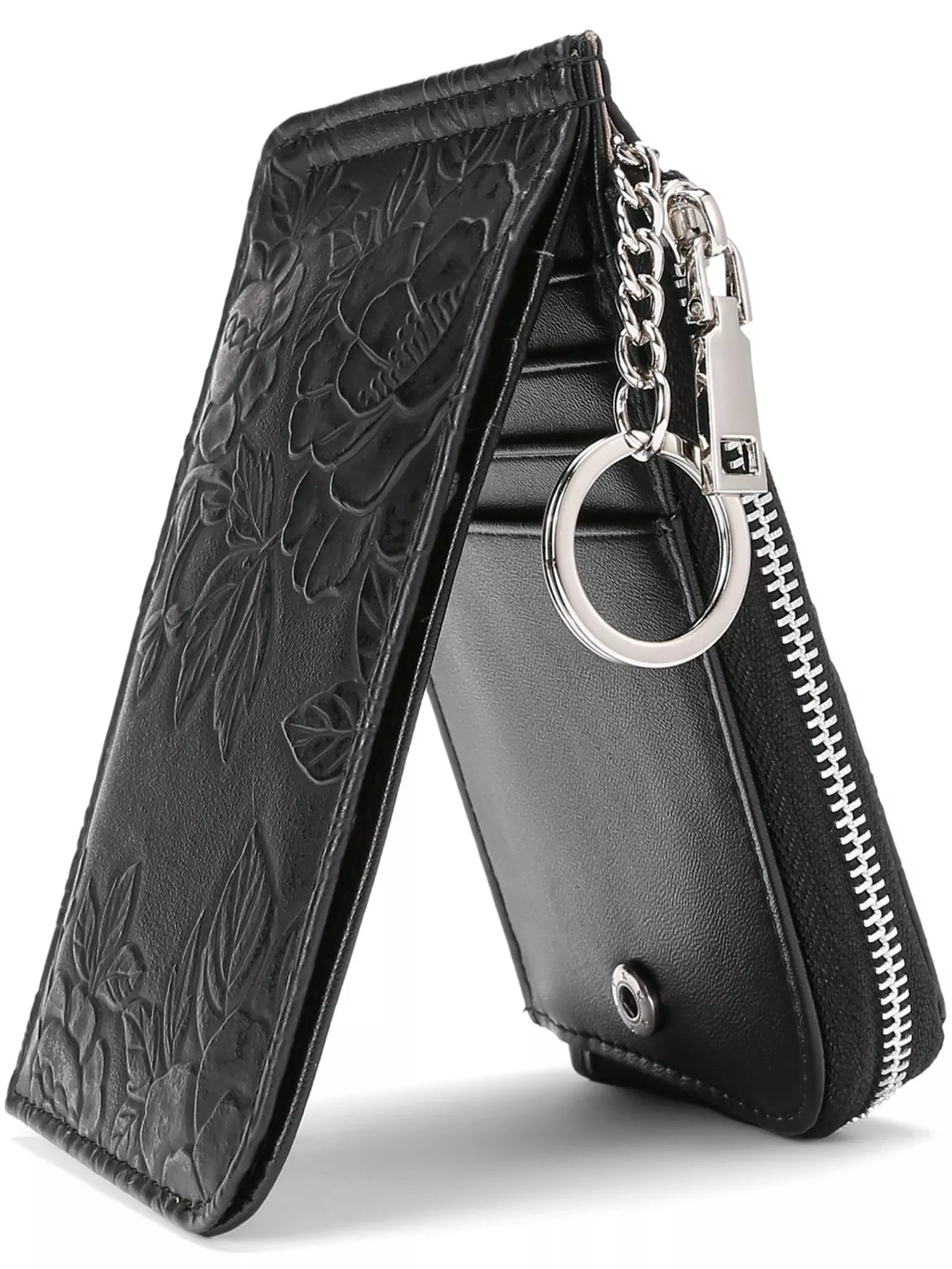 Embossed floral mini PU leather card wallet with keyring clip in black