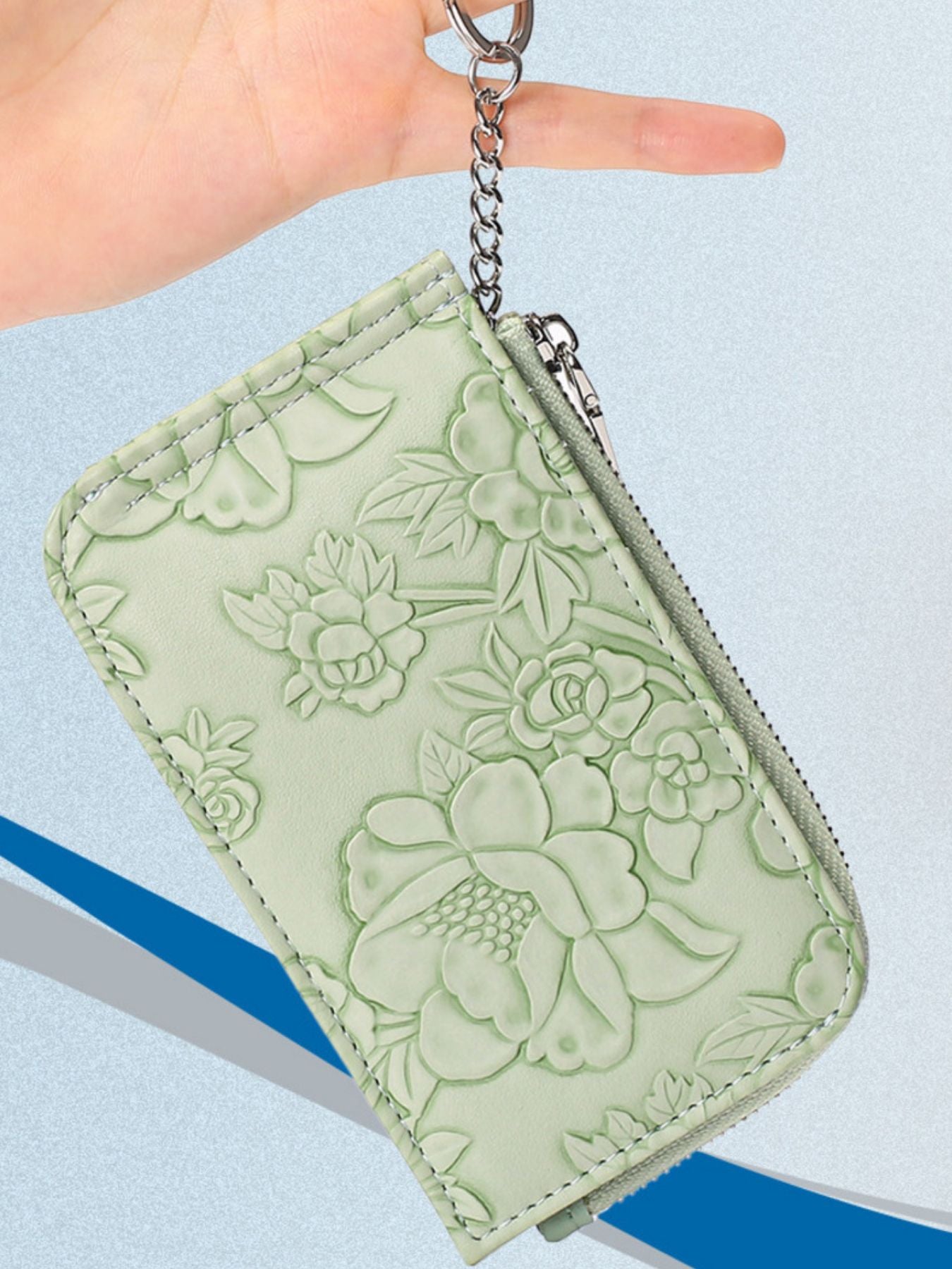 Embossed floral mini PU leather card wallet with keyring clip in sage green