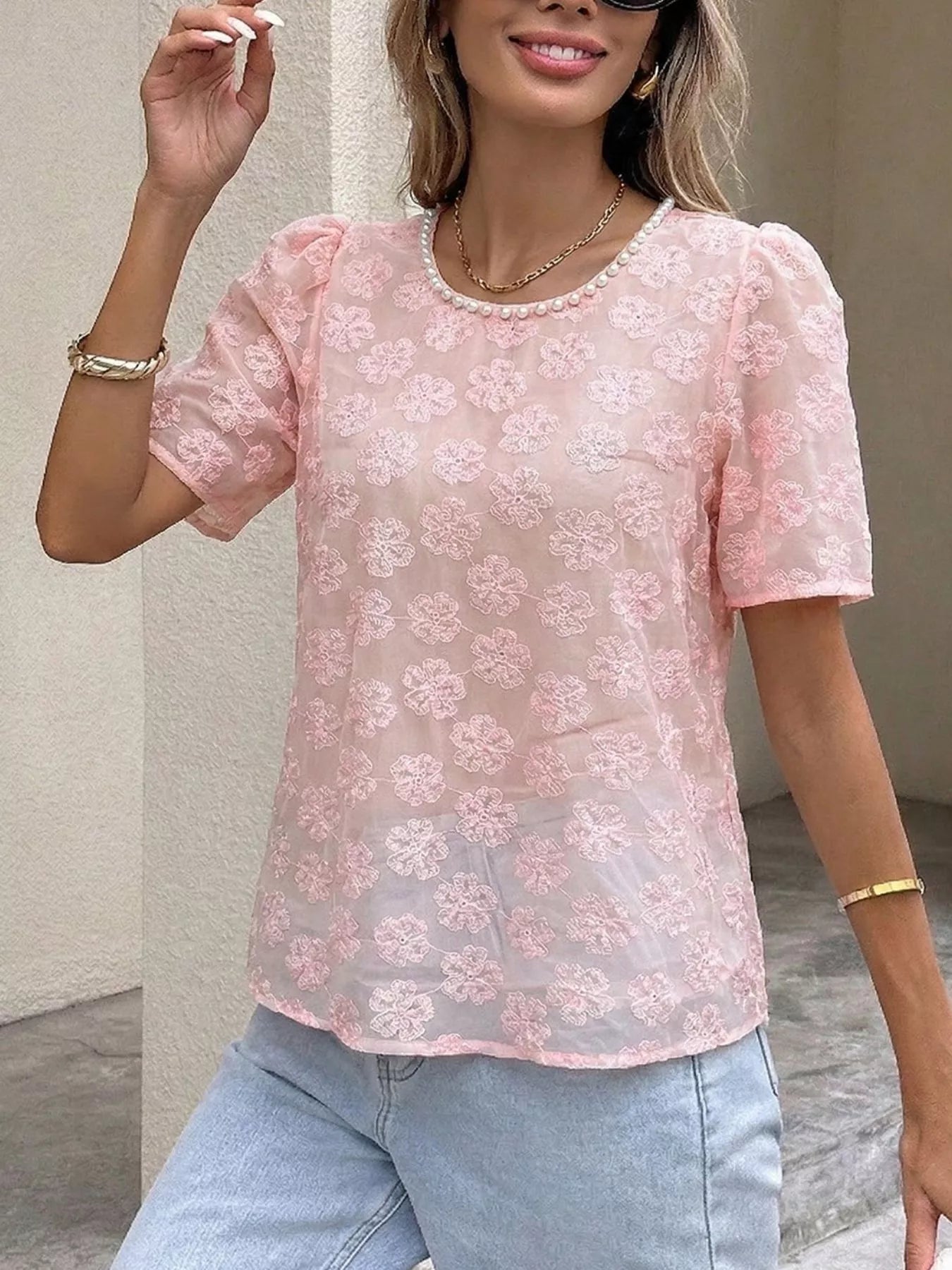 Pink sheer floral embroidered blouse with pearl neckline trim