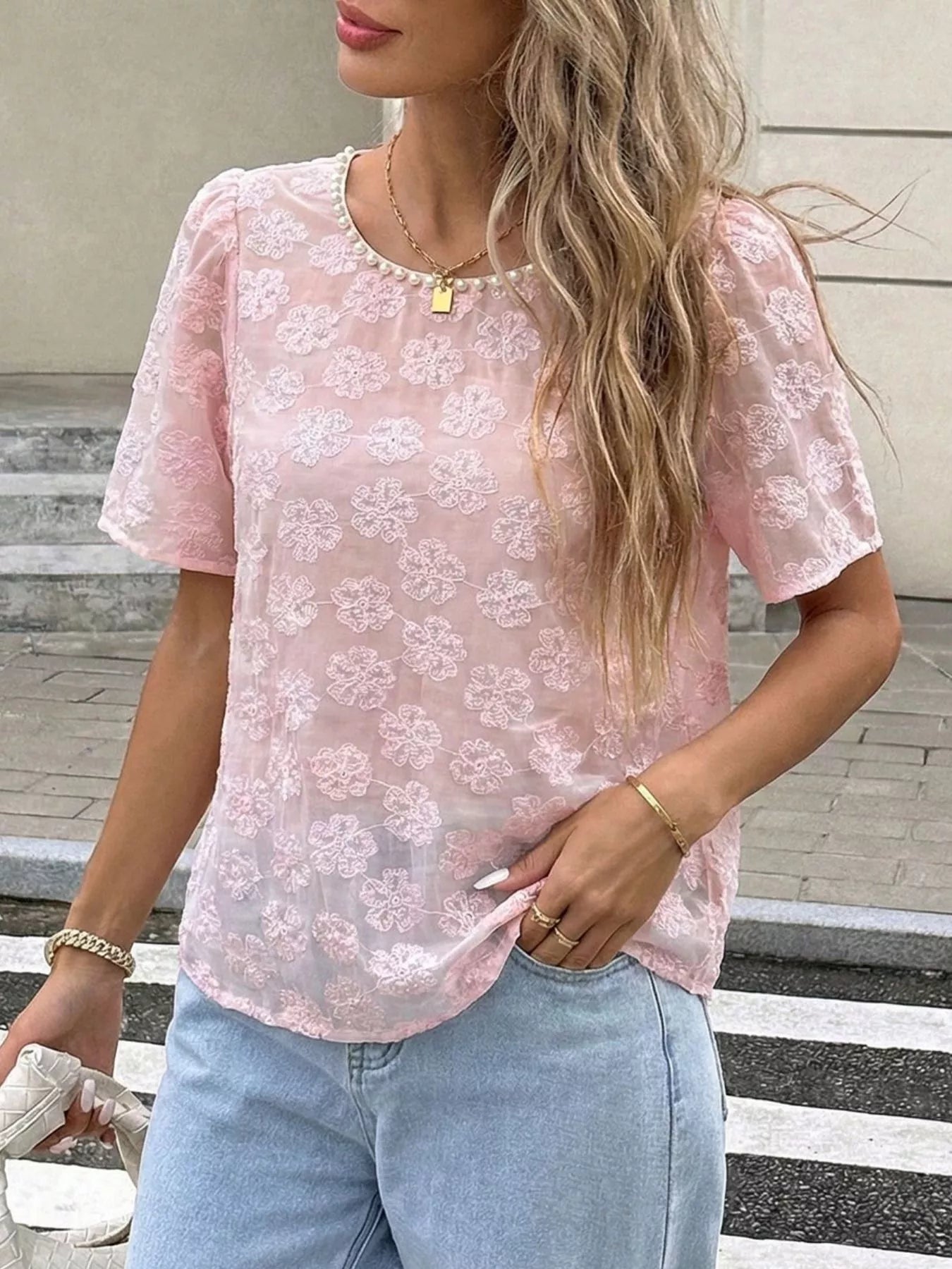 Pink sheer floral embroidered blouse with pearl neckline trim