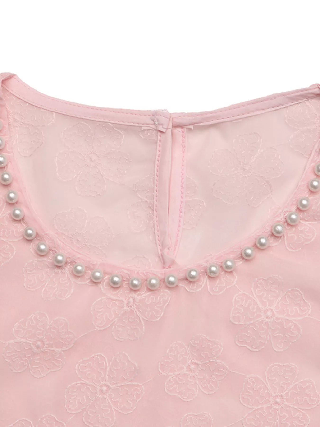 Pink sheer floral embroidered blouse with pearl neckline trim
