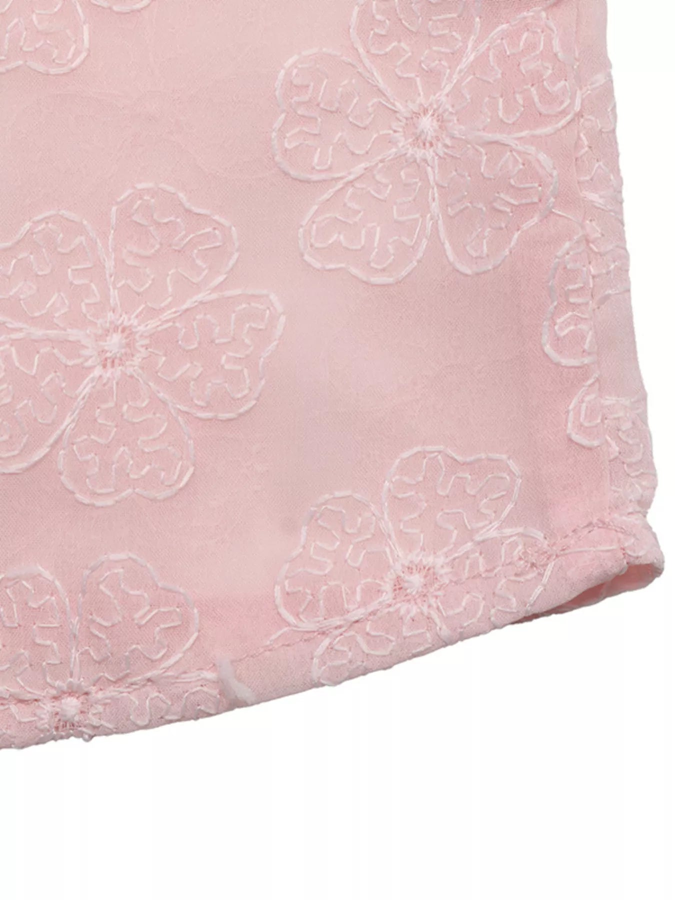 Pink sheer floral embroidered blouse with pearl neckline trim