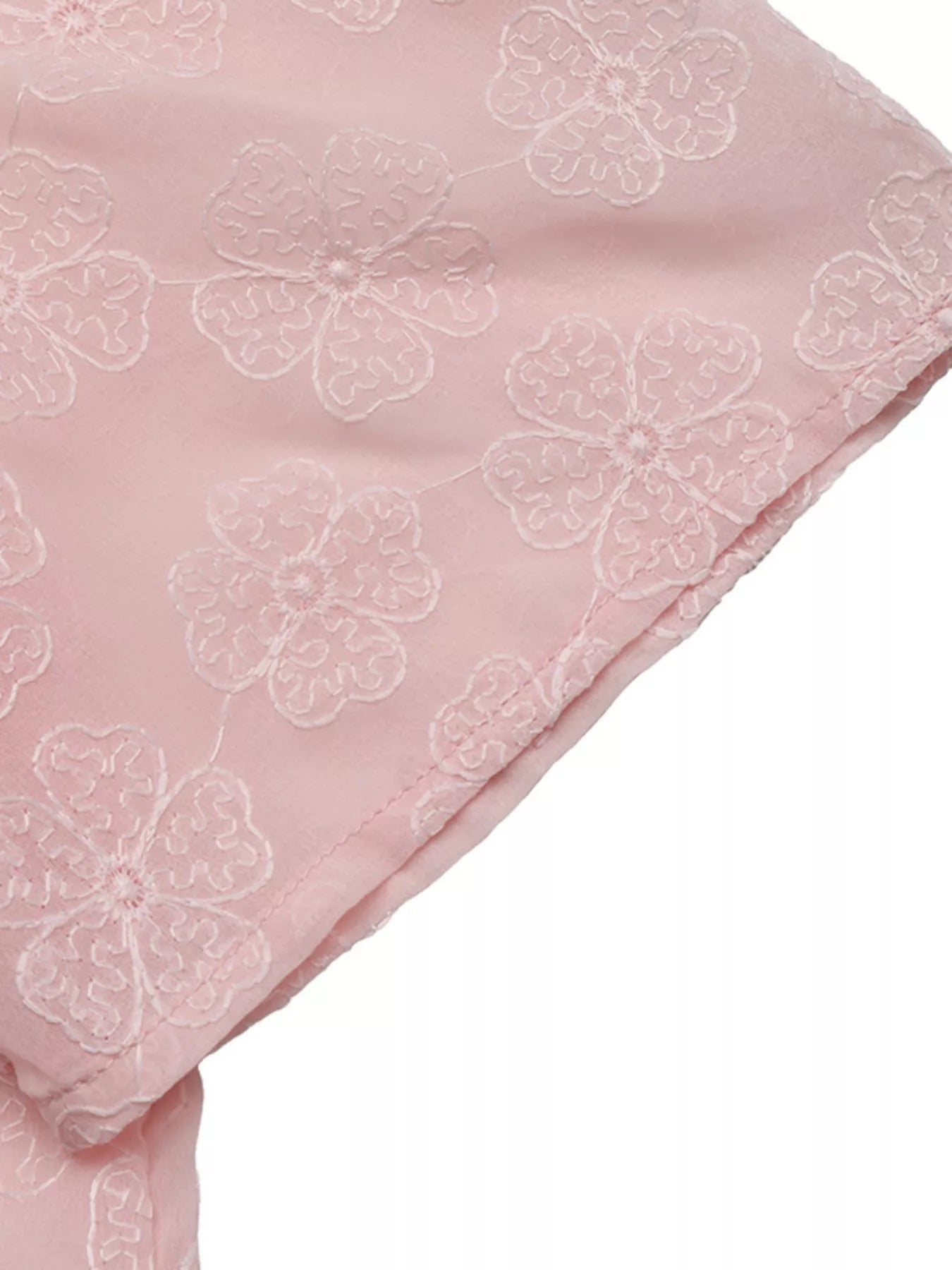 Pink sheer floral embroidered blouse with pearl neckline trim