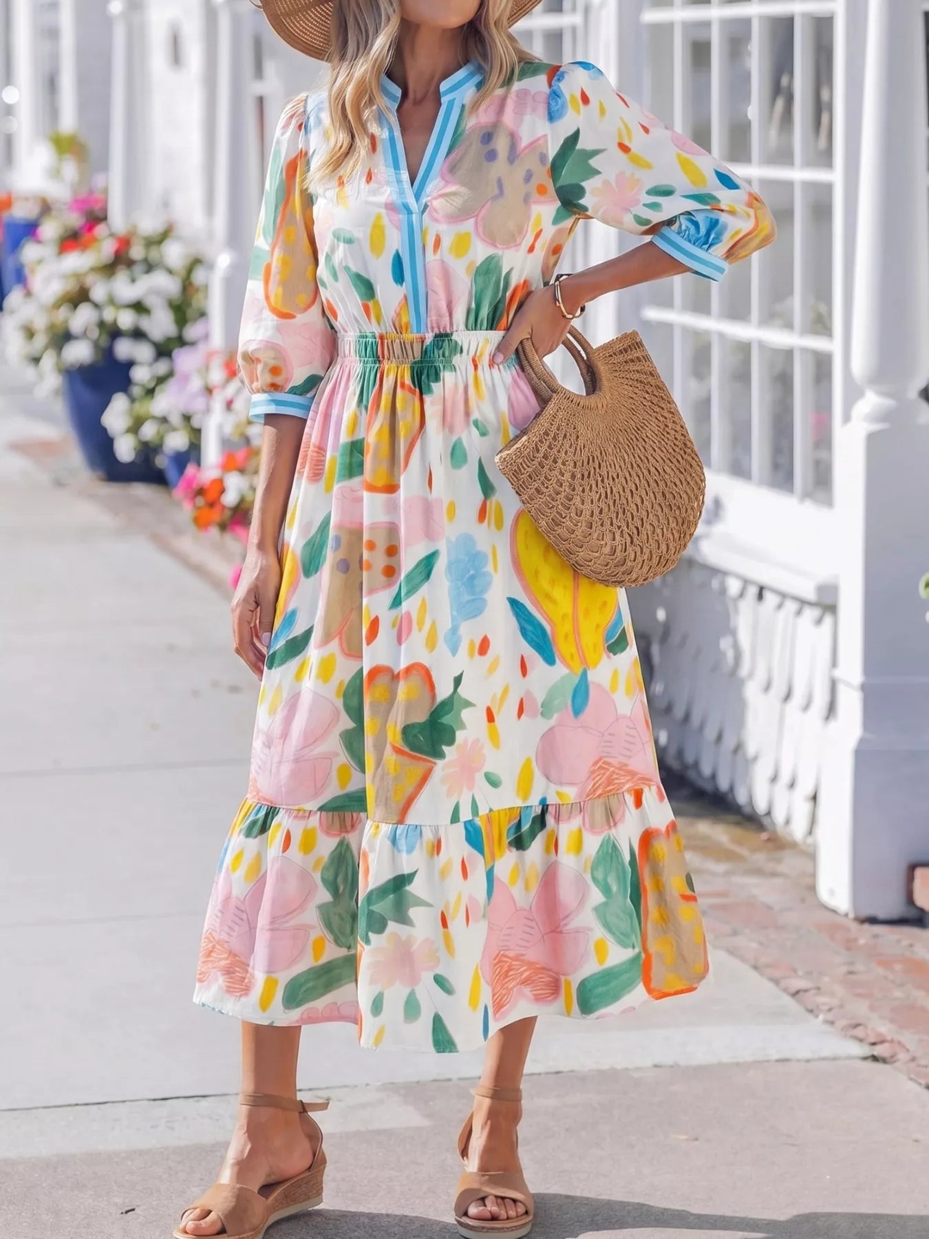 Colorful abstract floral tiered midi dress with flowy silhouette