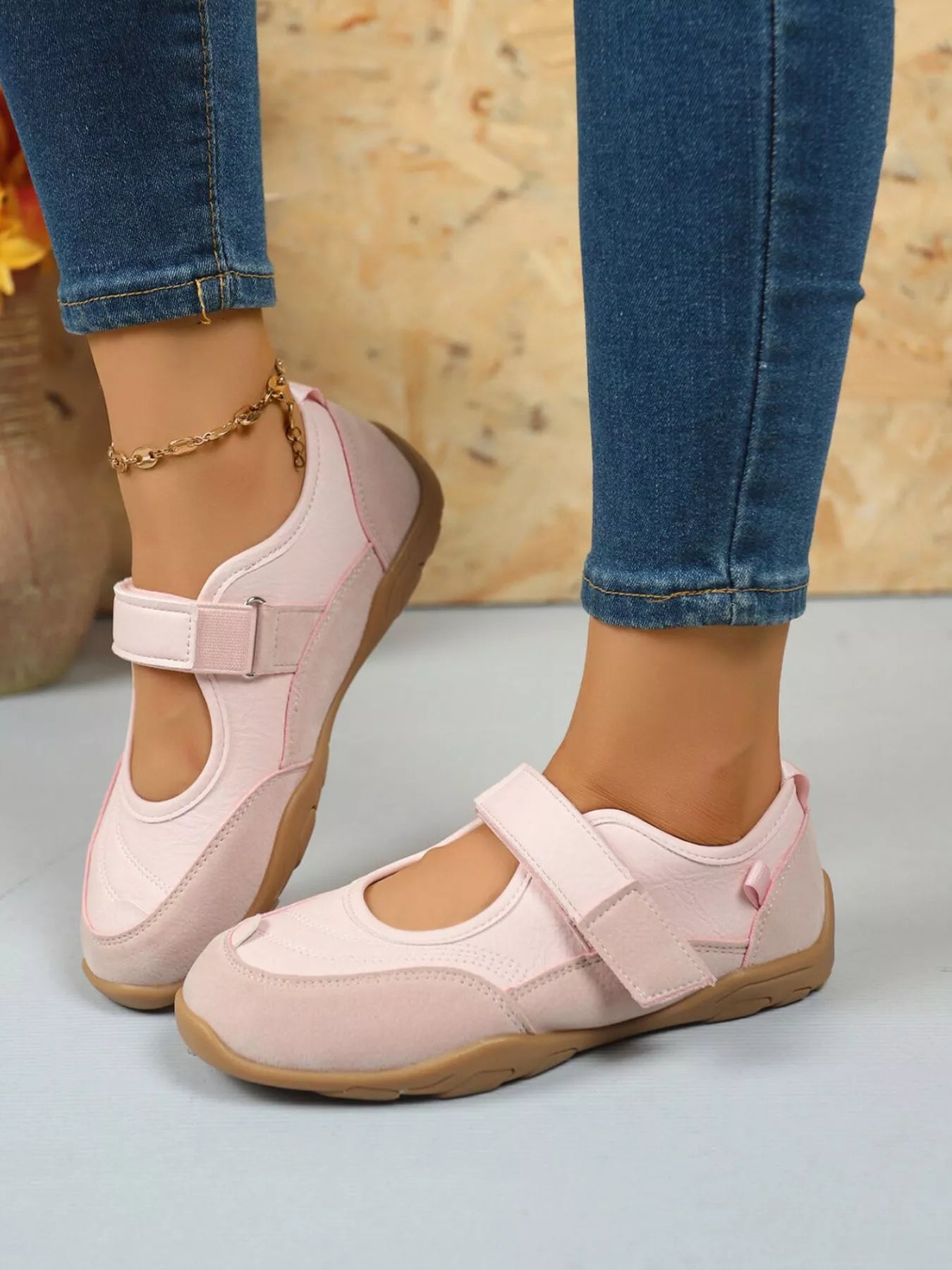 Pink round toe flats with velcro strap – Petal Walk style from A Whimsical Affair.