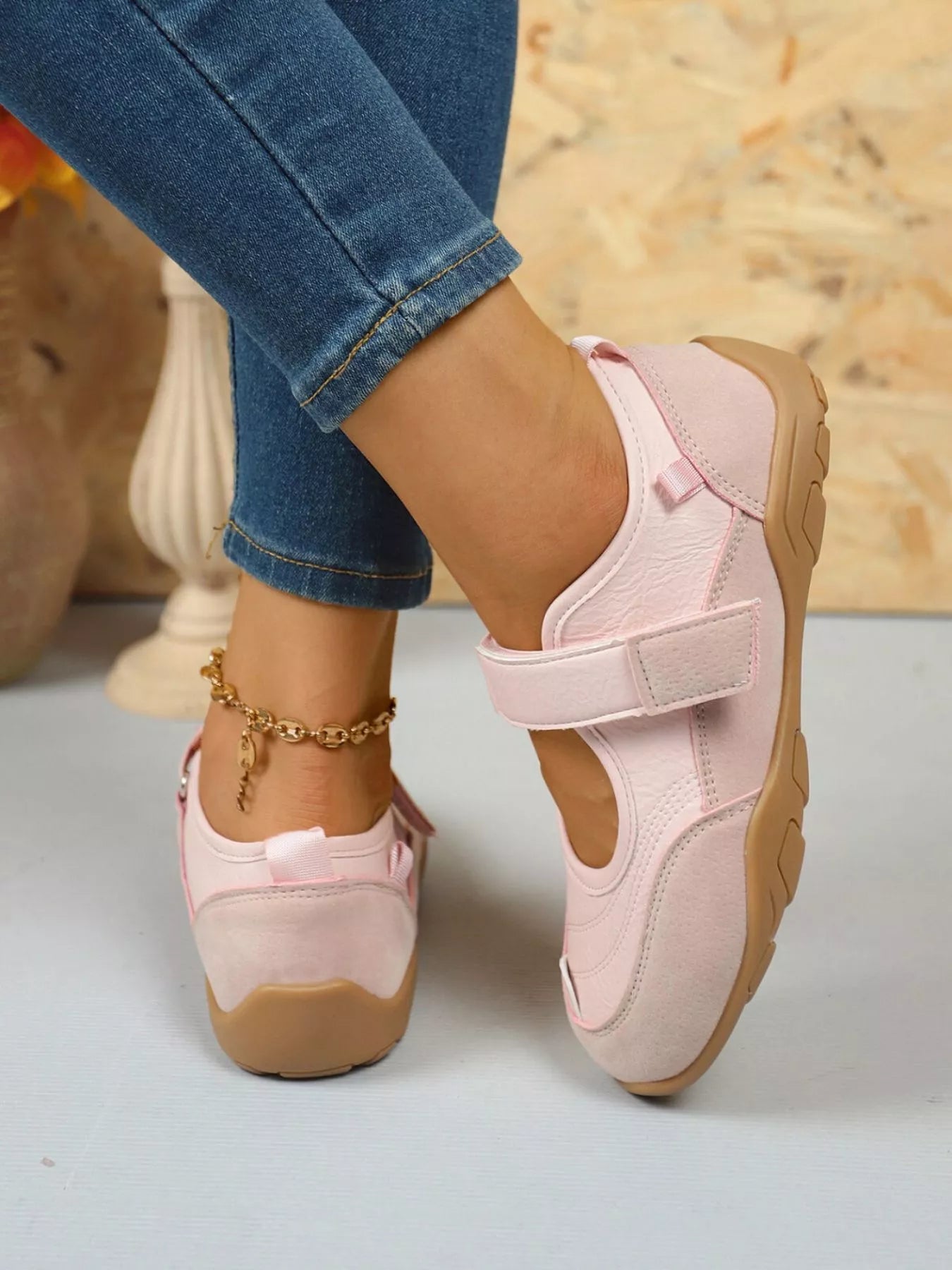Pink round toe flats with velcro strap – Petal Walk style from A Whimsical Affair.