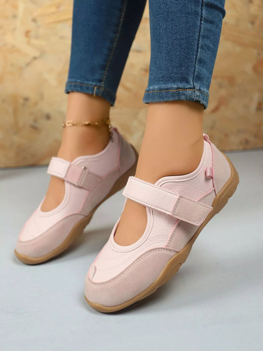Pink round toe flats with velcro strap – Petal Walk style from A Whimsical Affair.