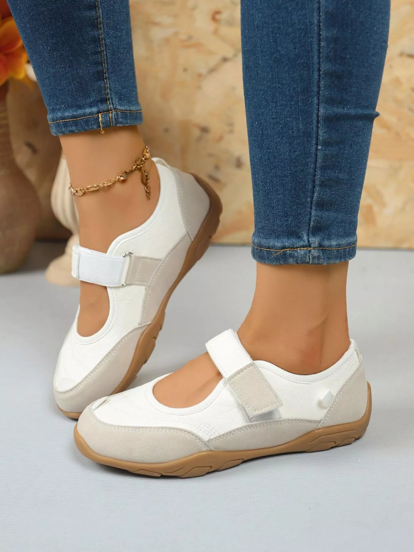 White round toe flats with velcro strap – Petal Walk style from A Whimsical Affair.
