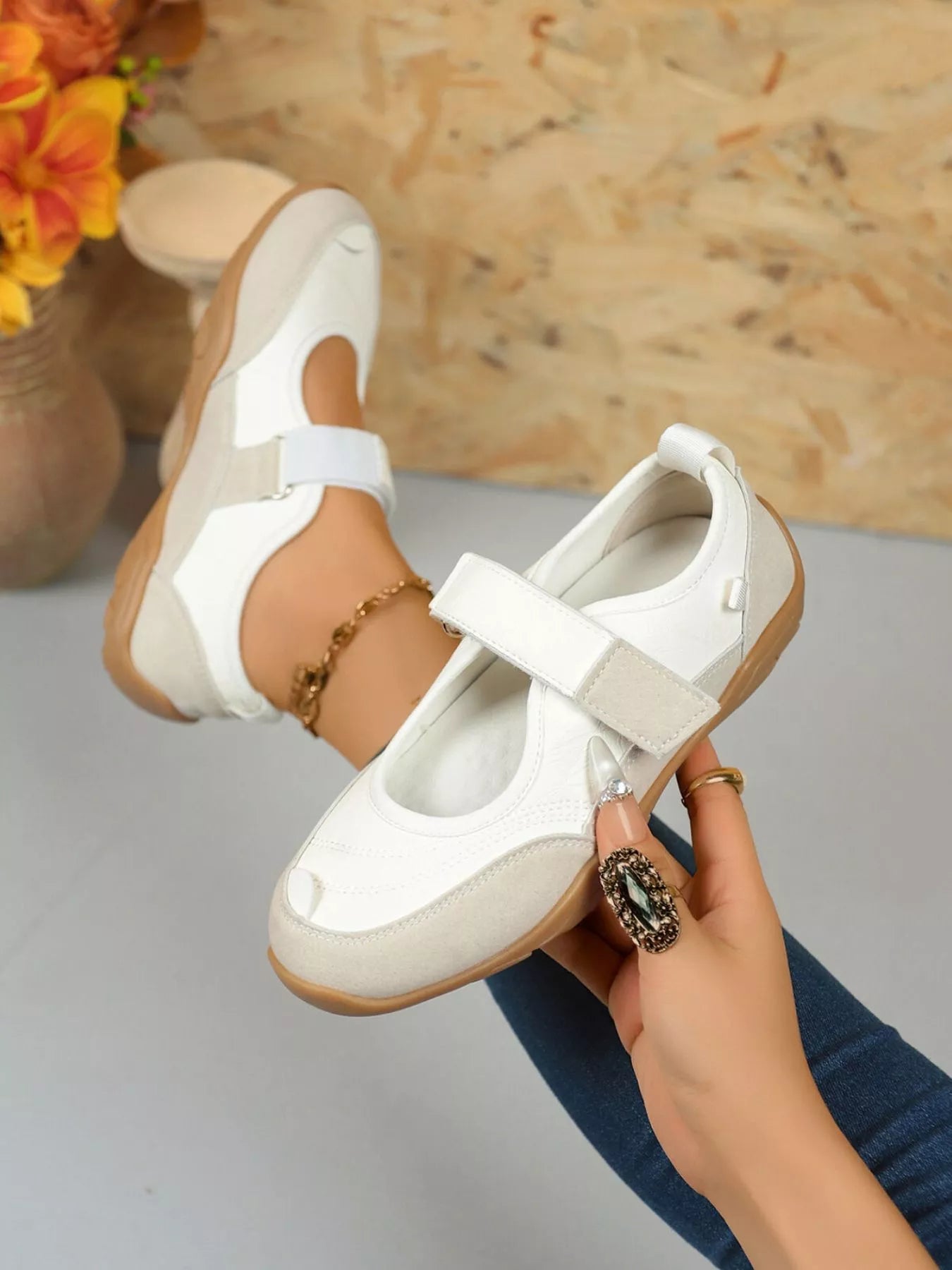 White round toe flats with velcro strap – Petal Walk style from A Whimsical Affair.
