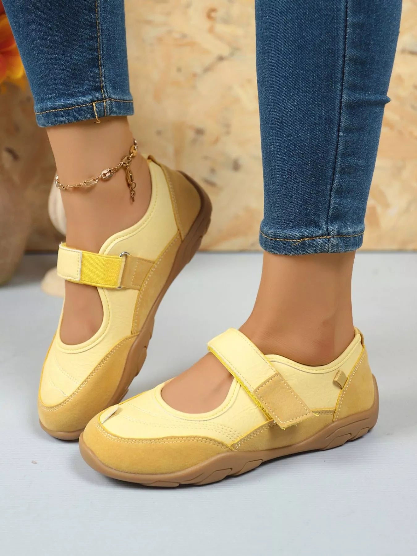 Yellow round toe flats with velcro strap – Petal Walk style from A Whimsical Affair.