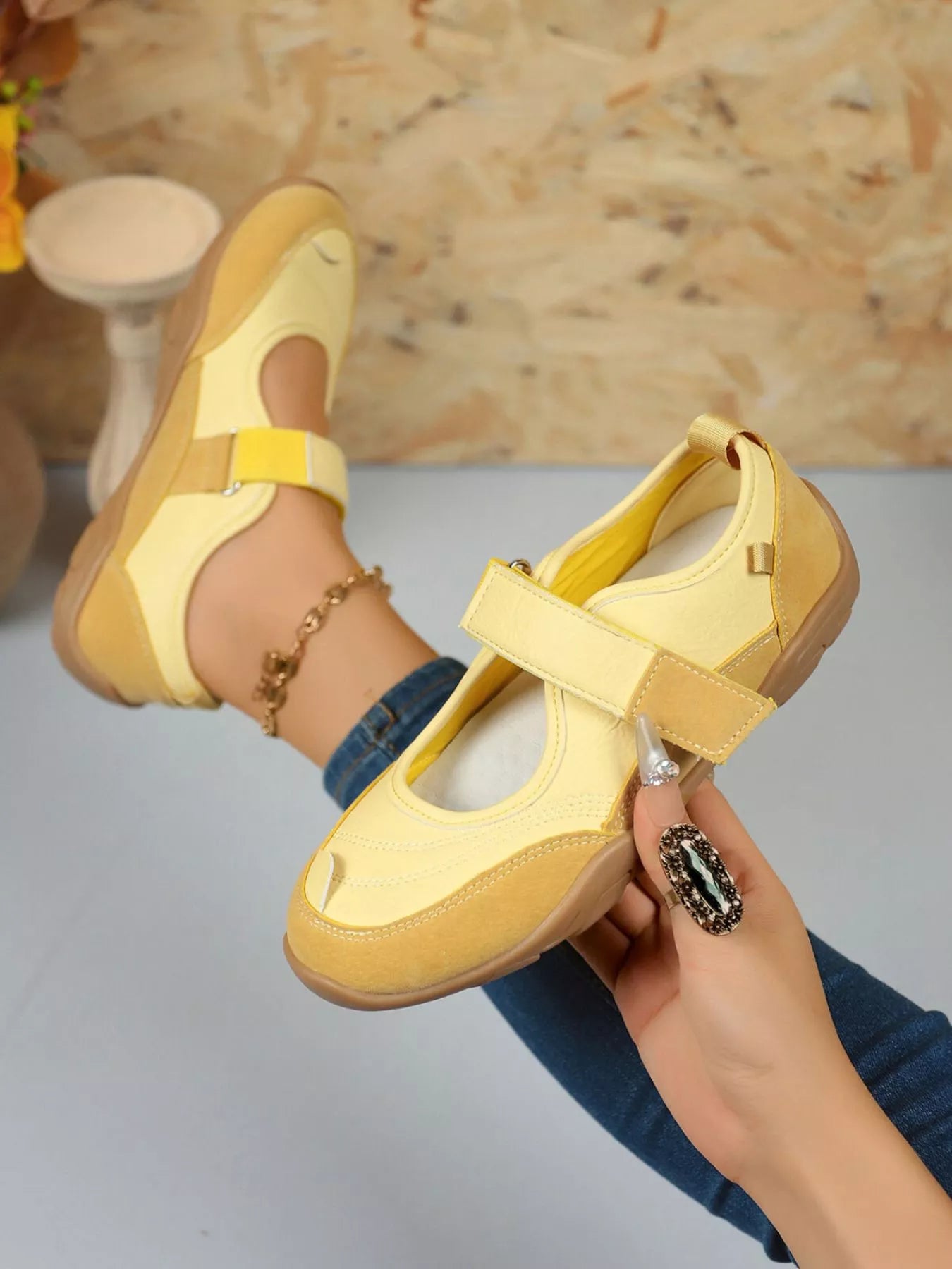 Yellow round toe flats with velcro strap – Petal Walk style from A Whimsical Affair.