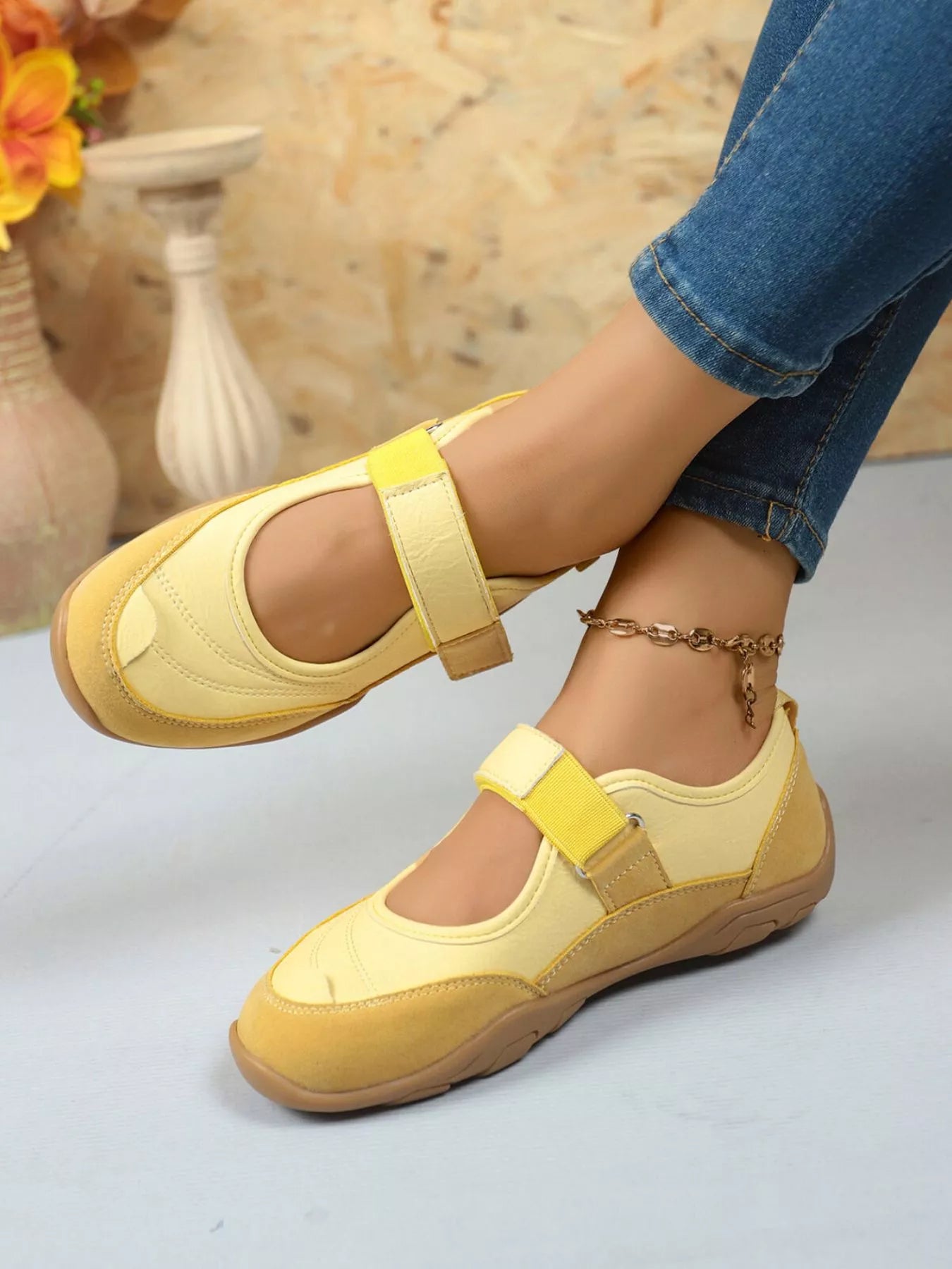 Yellow round toe flats with velcro strap – Petal Walk style from A Whimsical Affair.