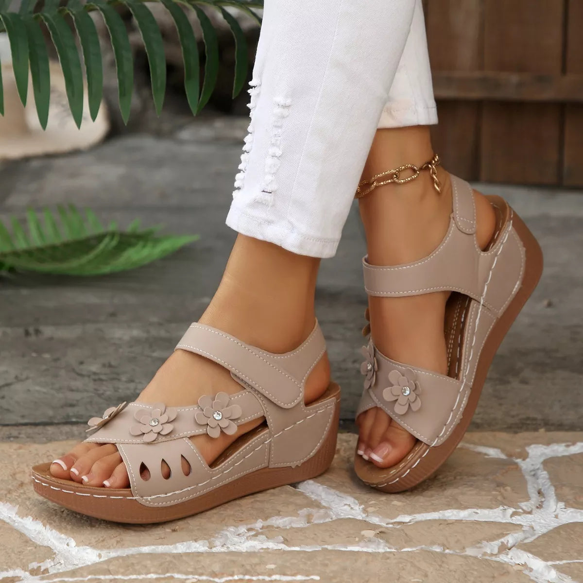 boho platform sandals with floral embellishments and cushioned soles in multiple colorful styles